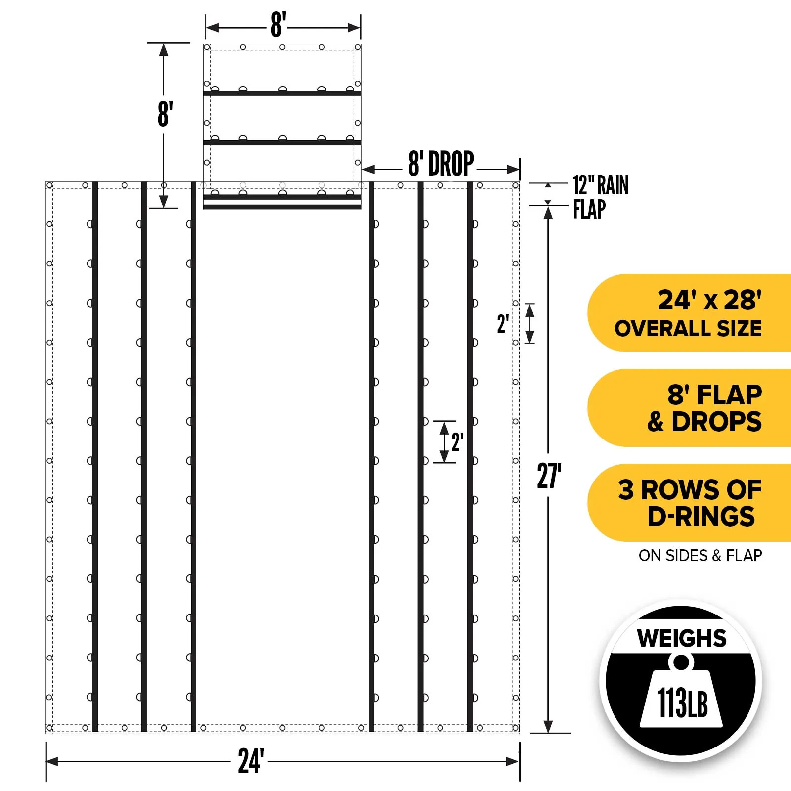 24' x 28' Heavy Duty Lumber Tarp | 8' Drop & Flap - 18 oz. Black Tarp