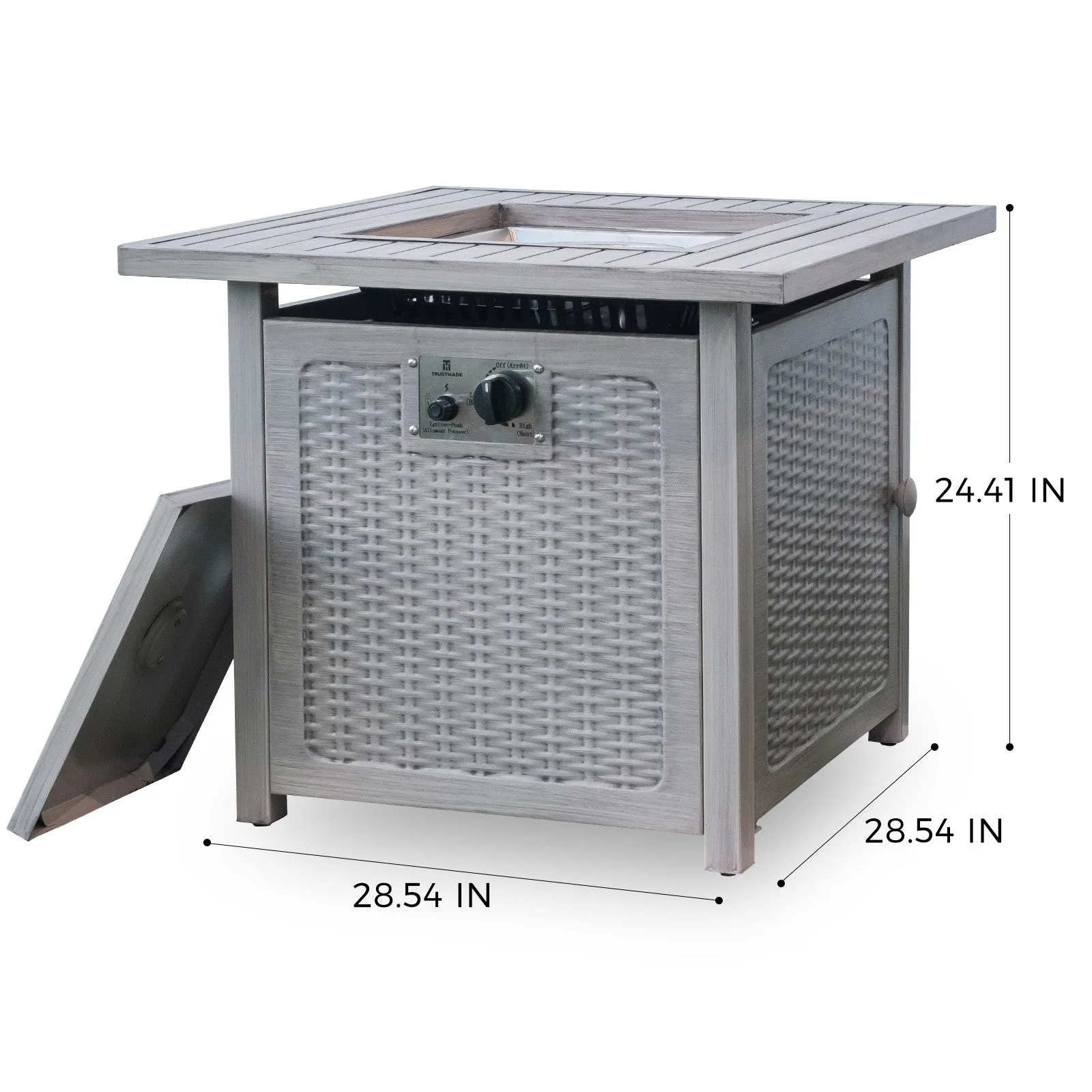 28" Ashy Gray Rattan Design Square Propane Fire Pit with Lava Rocks and Cover By Homeroots