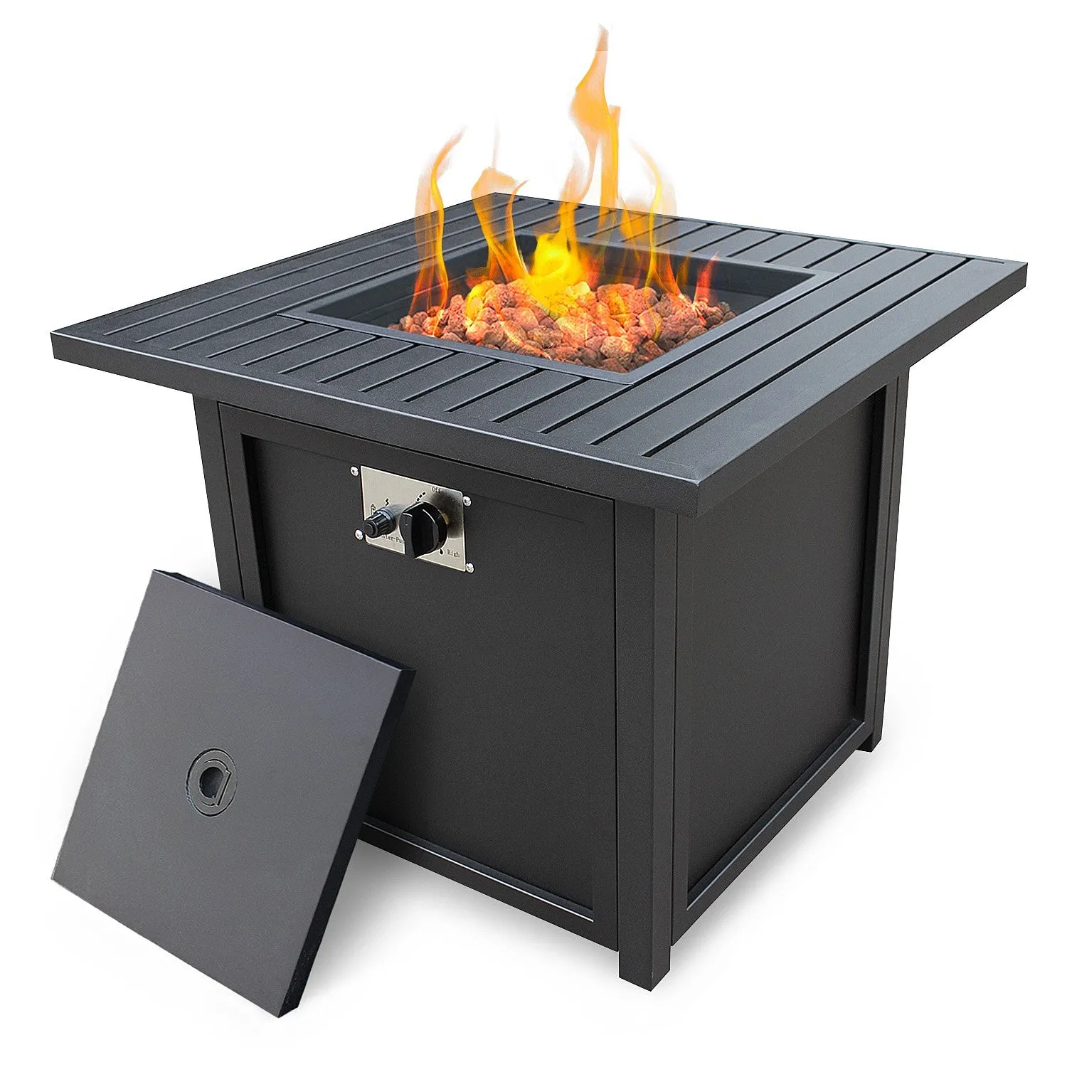 28" Black Square Propane Fire Pit with Lava Rocks and Cover By Homeroots