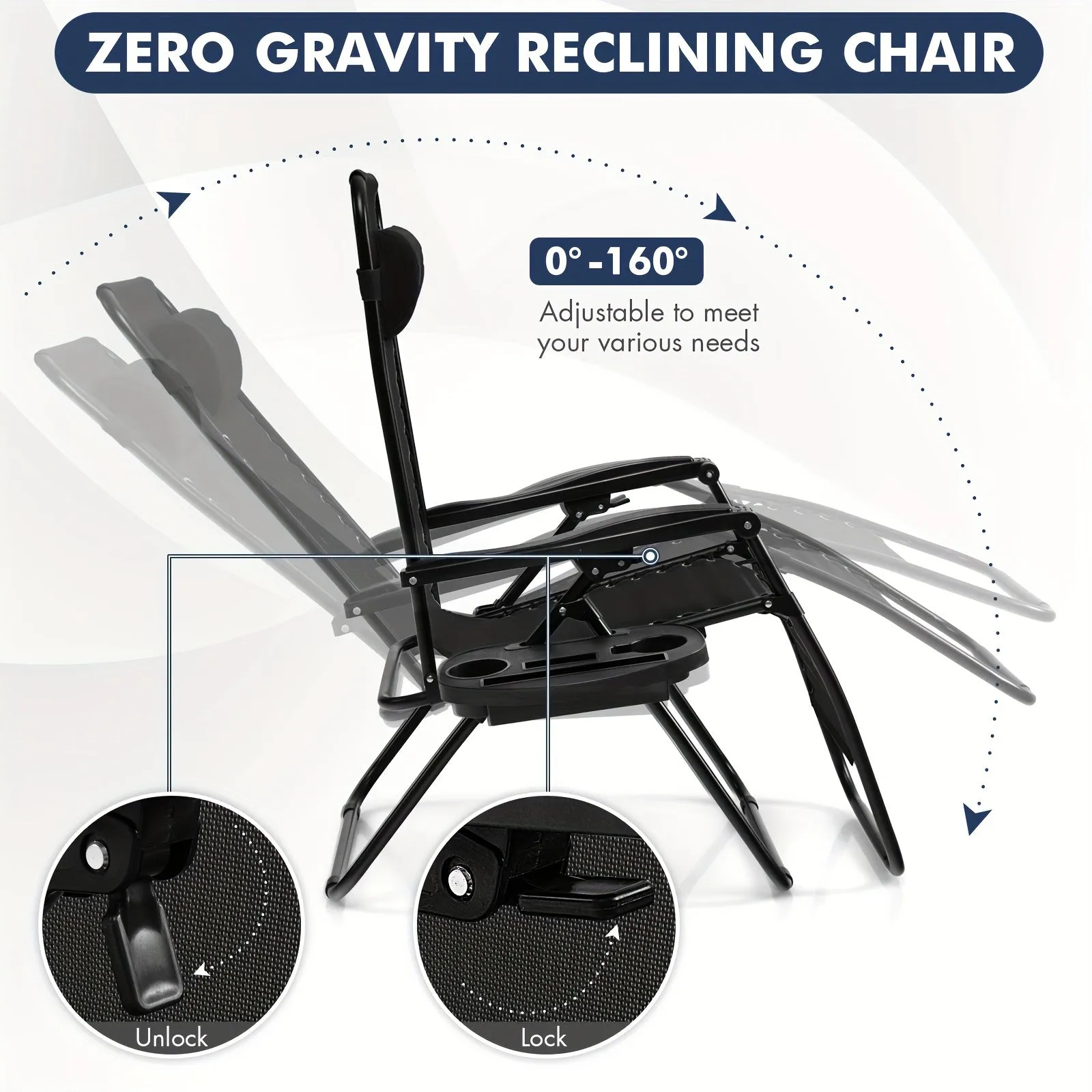 2pcs Gravity Chairs, Folding Recliner, Patio Lounge Chairs, Black Outdoor Recliner With Cup Holder, For Garden, Backyard, Balcony, Porch