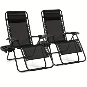 2pcs Gravity Chairs, Folding Recliner, Patio Lounge Chairs, Black Outdoor Recliner With Cup Holder, For Garden, Backyard, Balcony, Porch