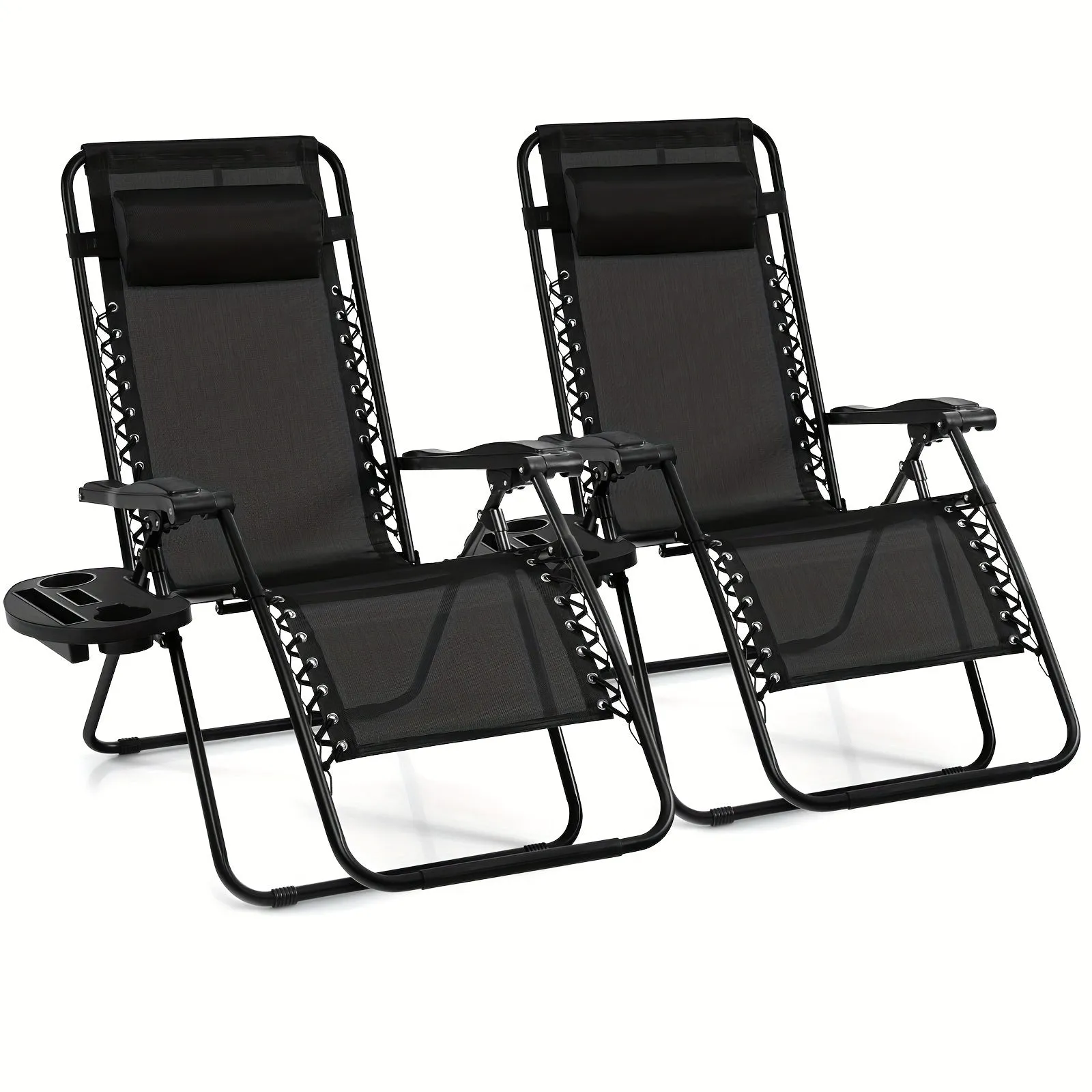 2pcs Gravity Chairs, Folding Recliner, Patio Lounge Chairs, Black Outdoor Recliner With Cup Holder, For Garden, Backyard, Balcony, Porch