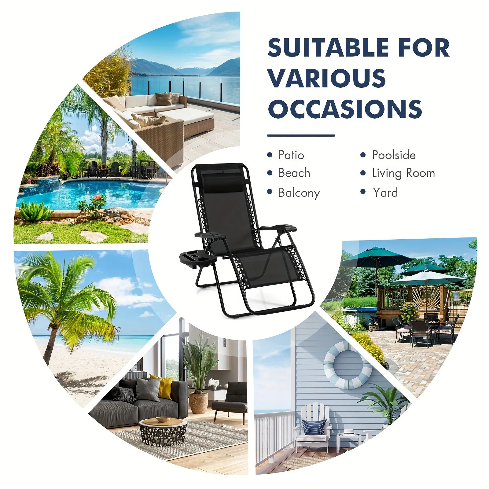 2pcs Gravity Chairs, Folding Recliner, Patio Lounge Chairs, Black Outdoor Recliner With Cup Holder, For Garden, Backyard, Balcony, Porch