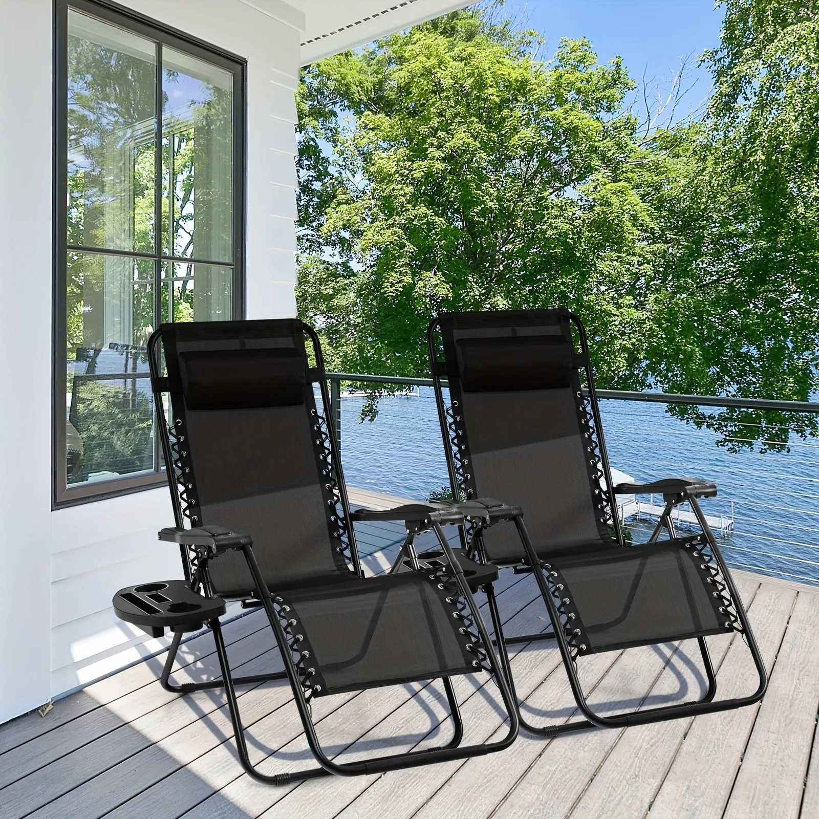 2pcs Gravity Chairs, Folding Recliner, Patio Lounge Chairs, Black Outdoor Recliner With Cup Holder, For Garden, Backyard, Balcony, Porch