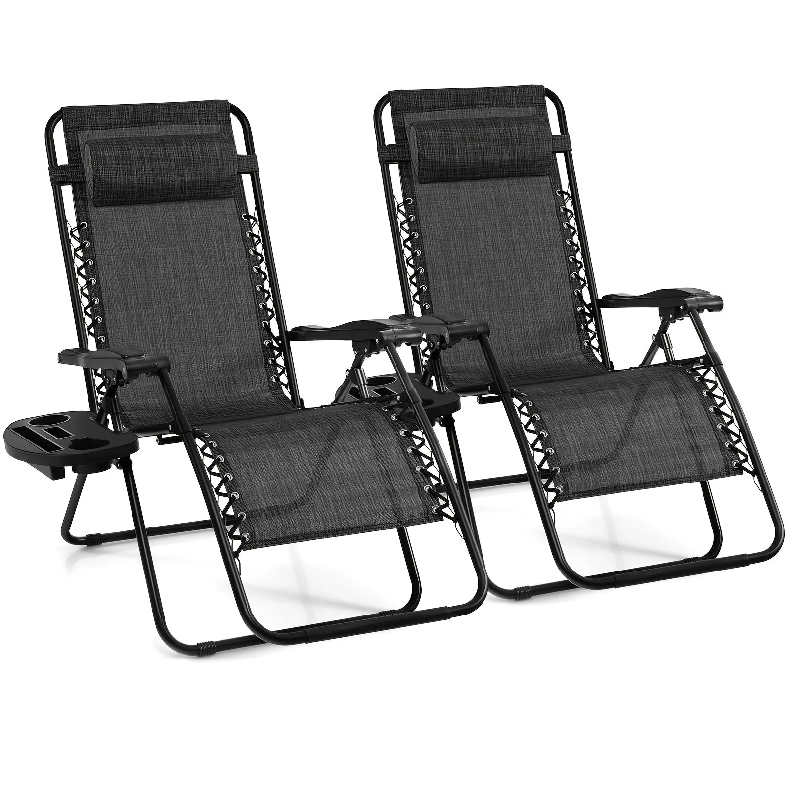 2pcs Gravity Chairs, Folding Recliner, Patio Lounge Chairs, Black Outdoor Recliner With Cup Holder, For Garden, Backyard, Balcony, Porch
