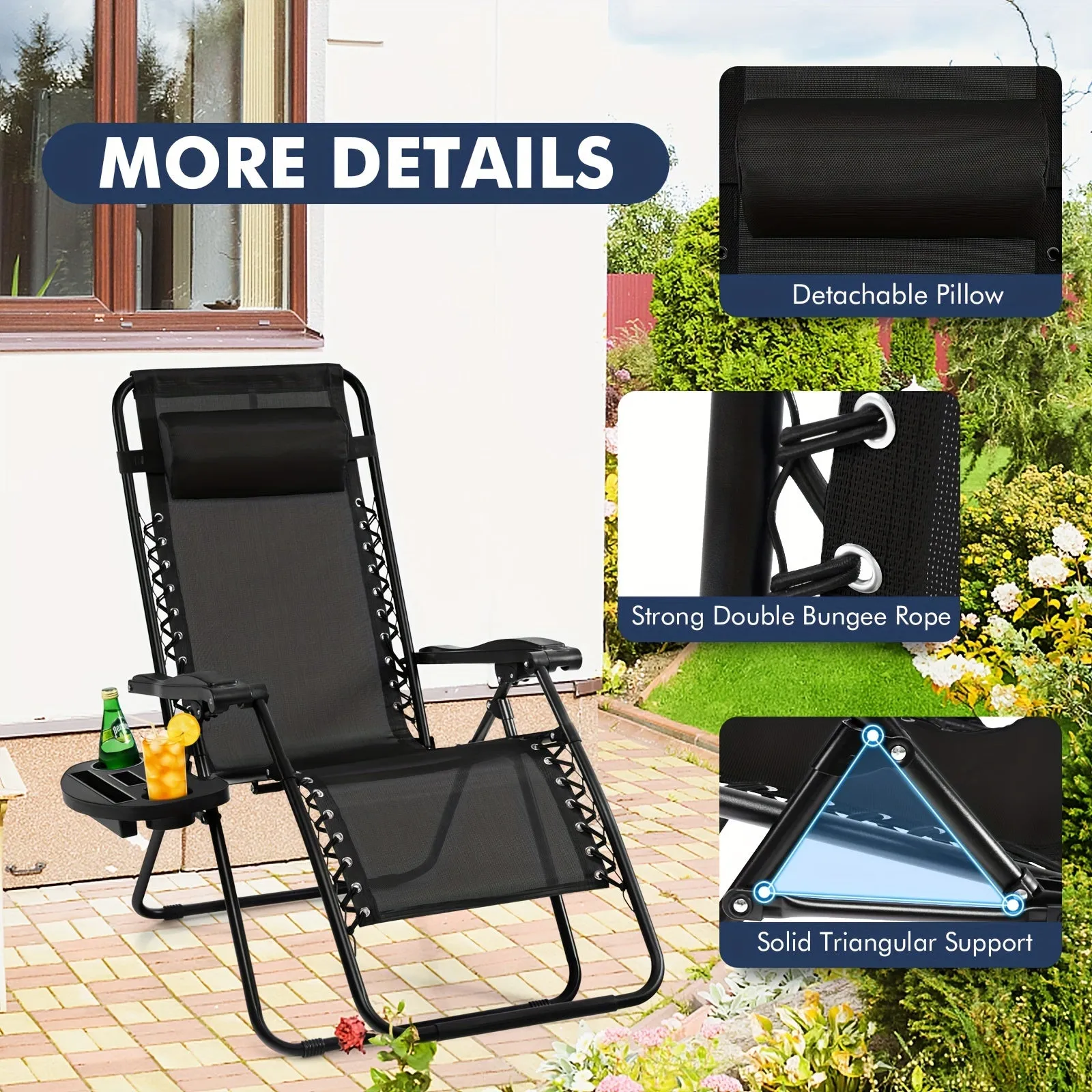 2pcs Gravity Chairs, Folding Recliner, Patio Lounge Chairs, Black Outdoor Recliner With Cup Holder, For Garden, Backyard, Balcony, Porch