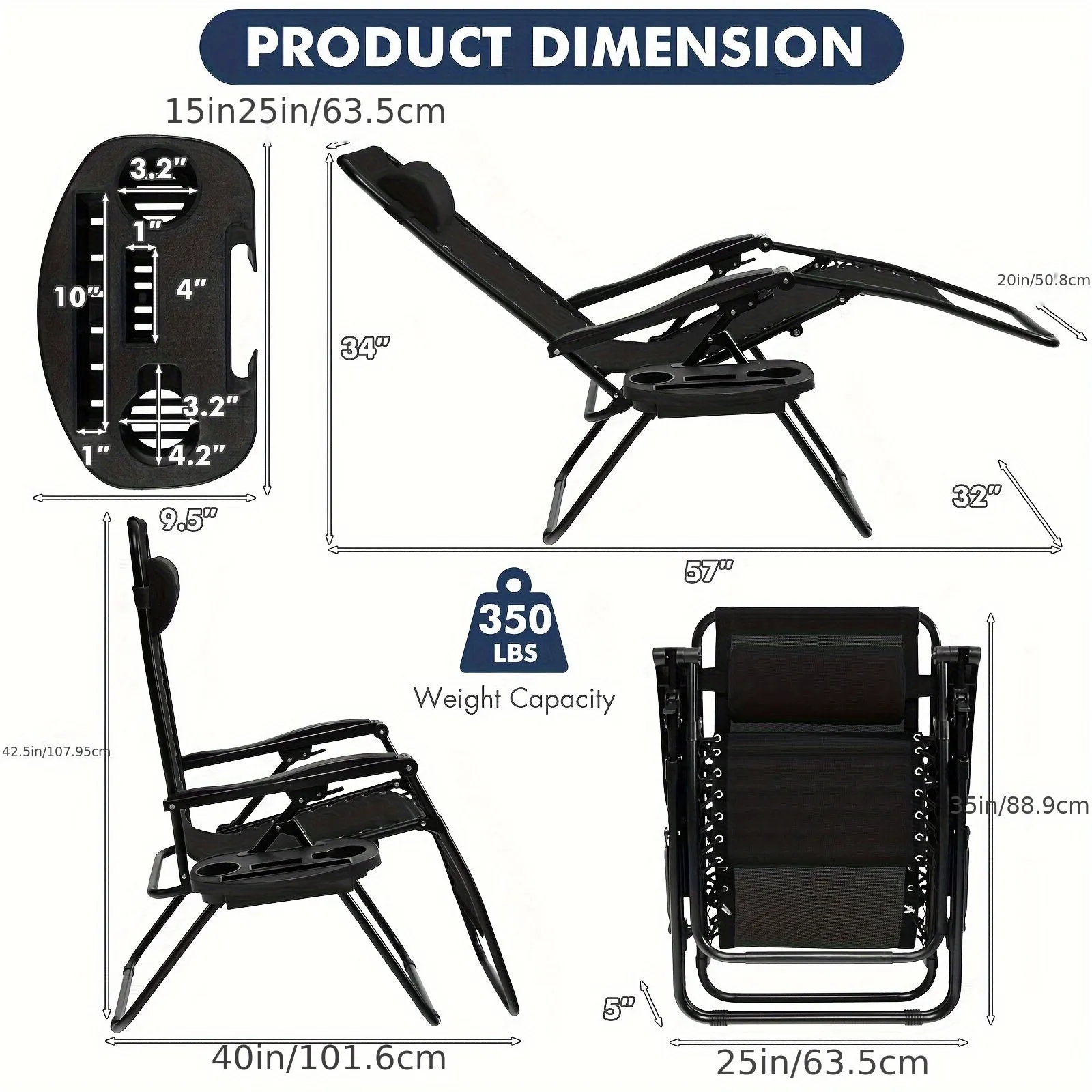 2pcs Gravity Chairs, Folding Recliner, Patio Lounge Chairs, Black Outdoor Recliner With Cup Holder, For Garden, Backyard, Balcony, Porch