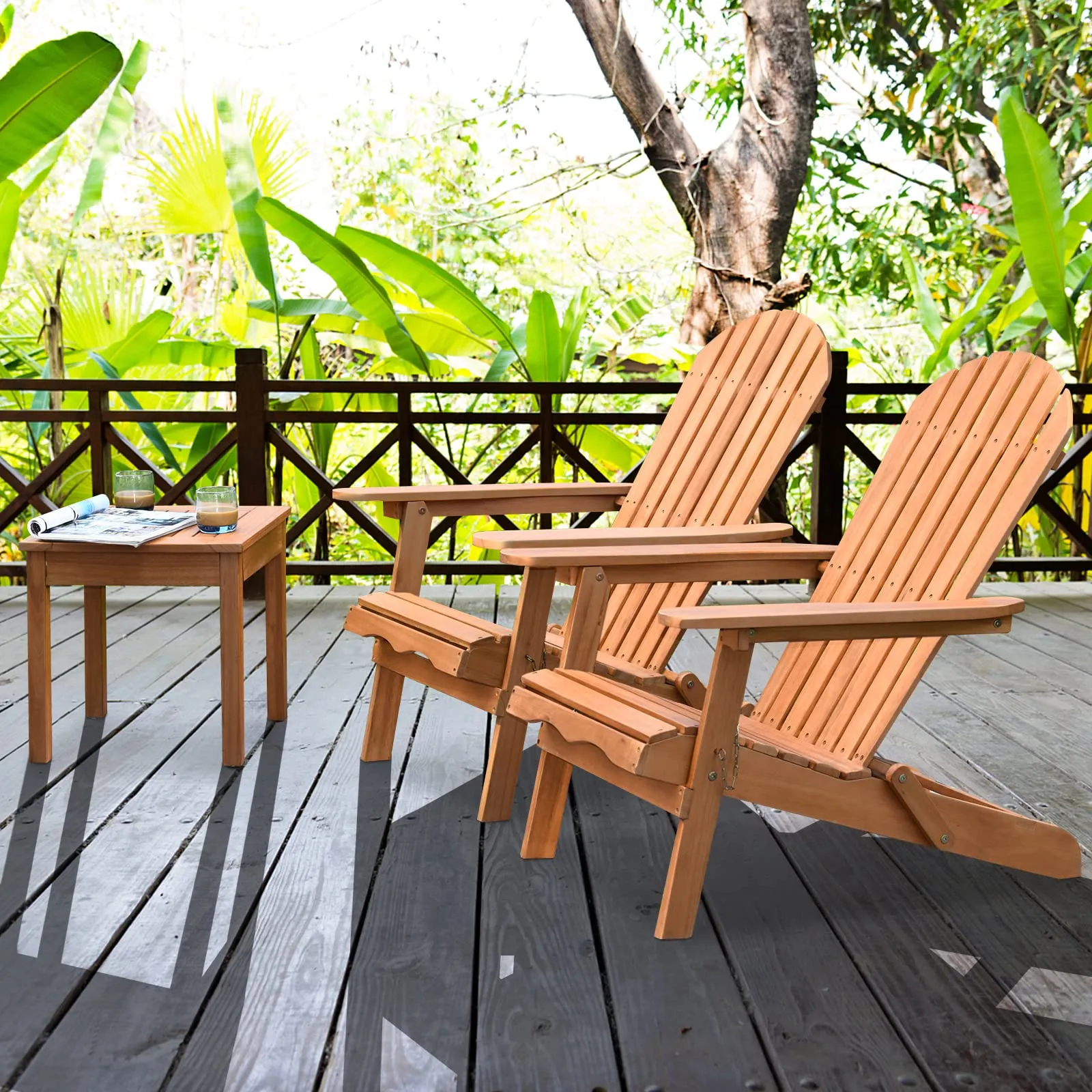 3 Pieces Adirondack Chair Set, Outdoor Wood Furniture Set with 2 Folding Lounge Chairs & Side Table
