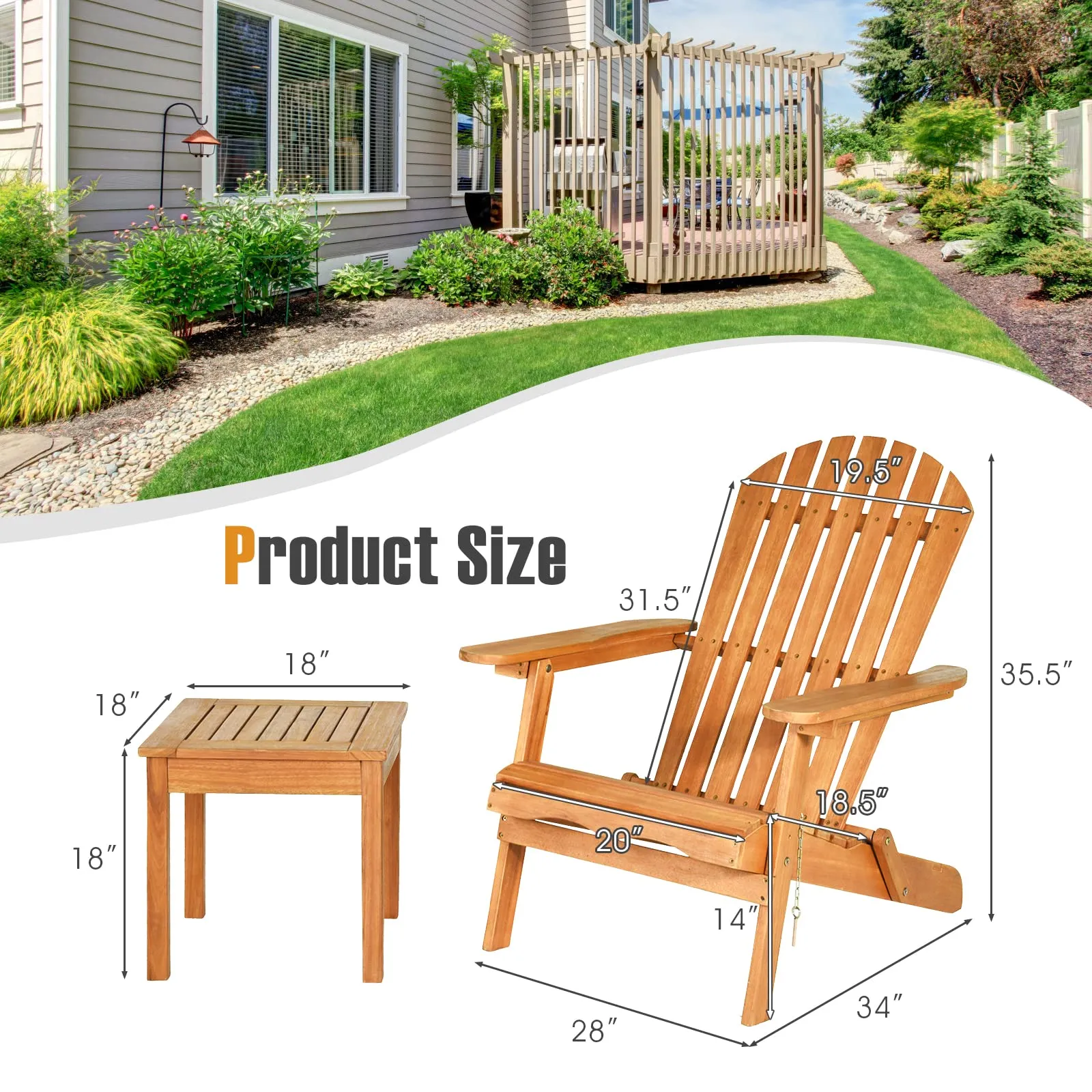 3 Pieces Adirondack Chair Set, Outdoor Wood Furniture Set with 2 Folding Lounge Chairs & Side Table