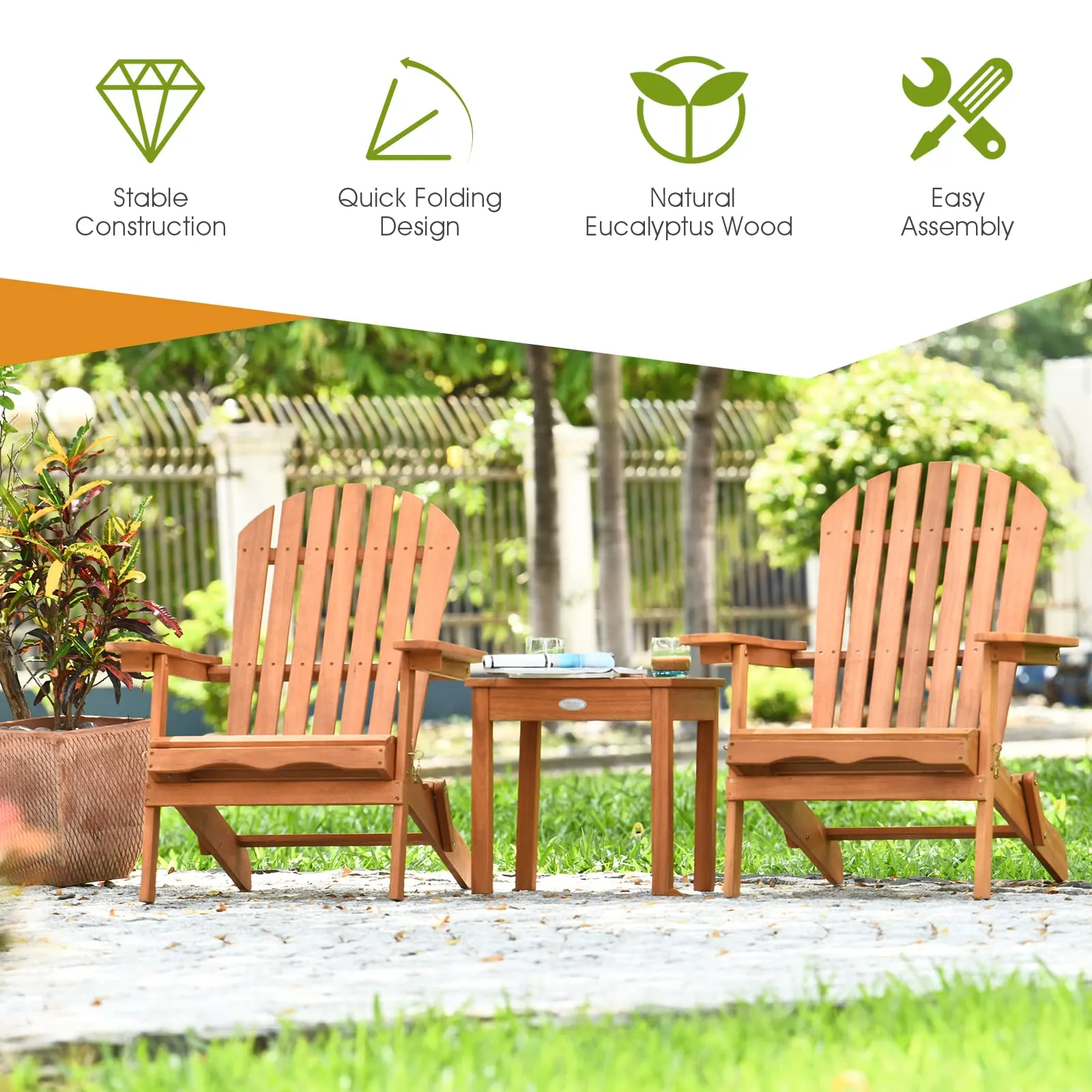 3 Pieces Adirondack Chair Set, Outdoor Wood Furniture Set with 2 Folding Lounge Chairs & Side Table