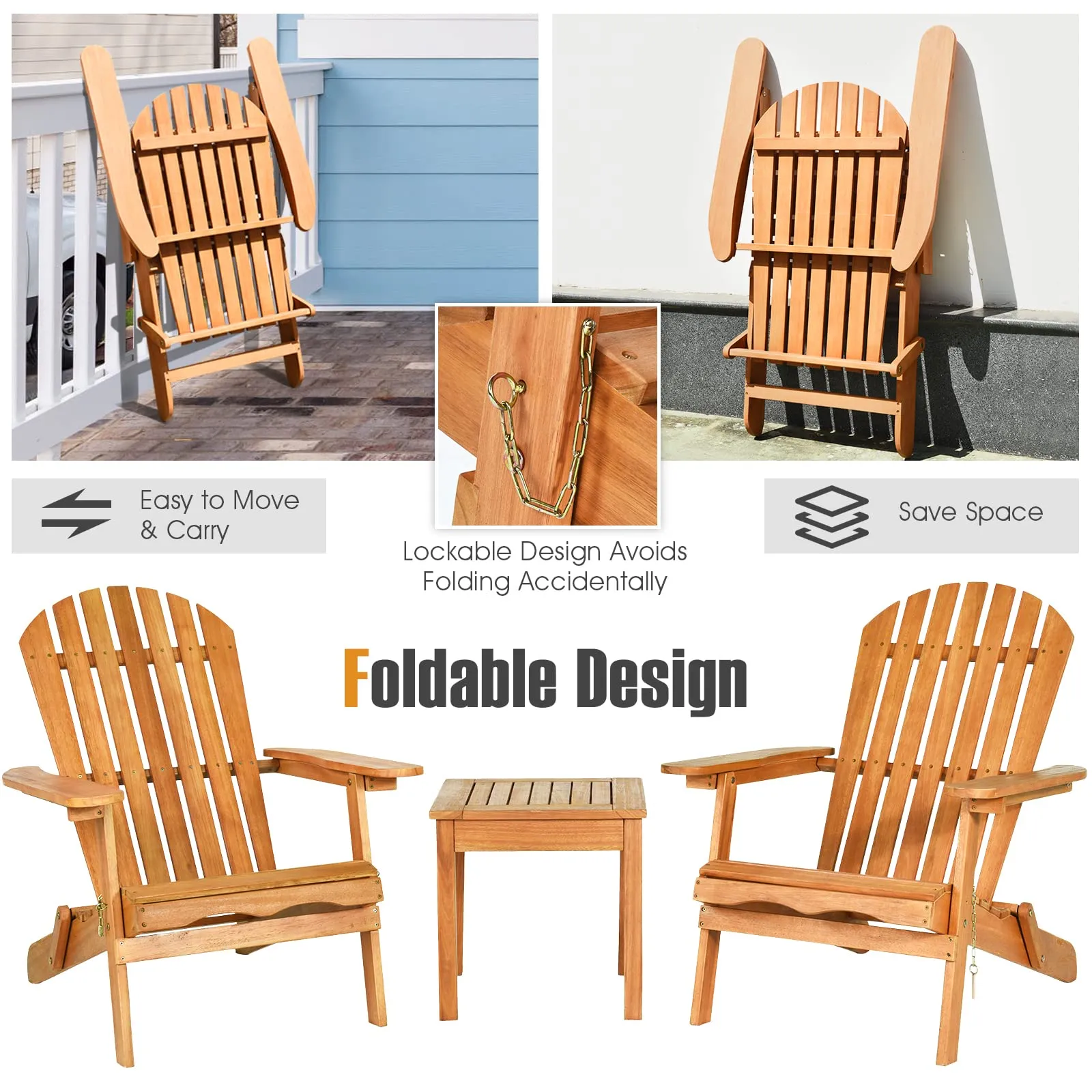 3 Pieces Adirondack Chair Set, Outdoor Wood Furniture Set with 2 Folding Lounge Chairs & Side Table