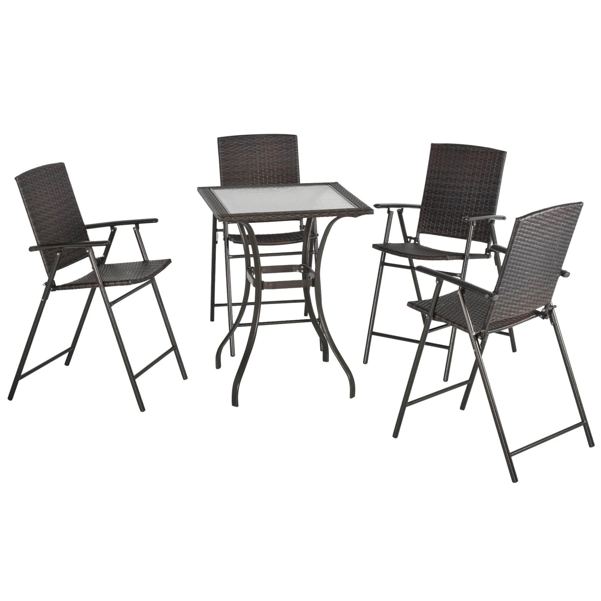 5 Piece Outdoor Patio Wicker Rattan Bar Height Square Glass Top Dining Table Set with Folding Chairs in Brown