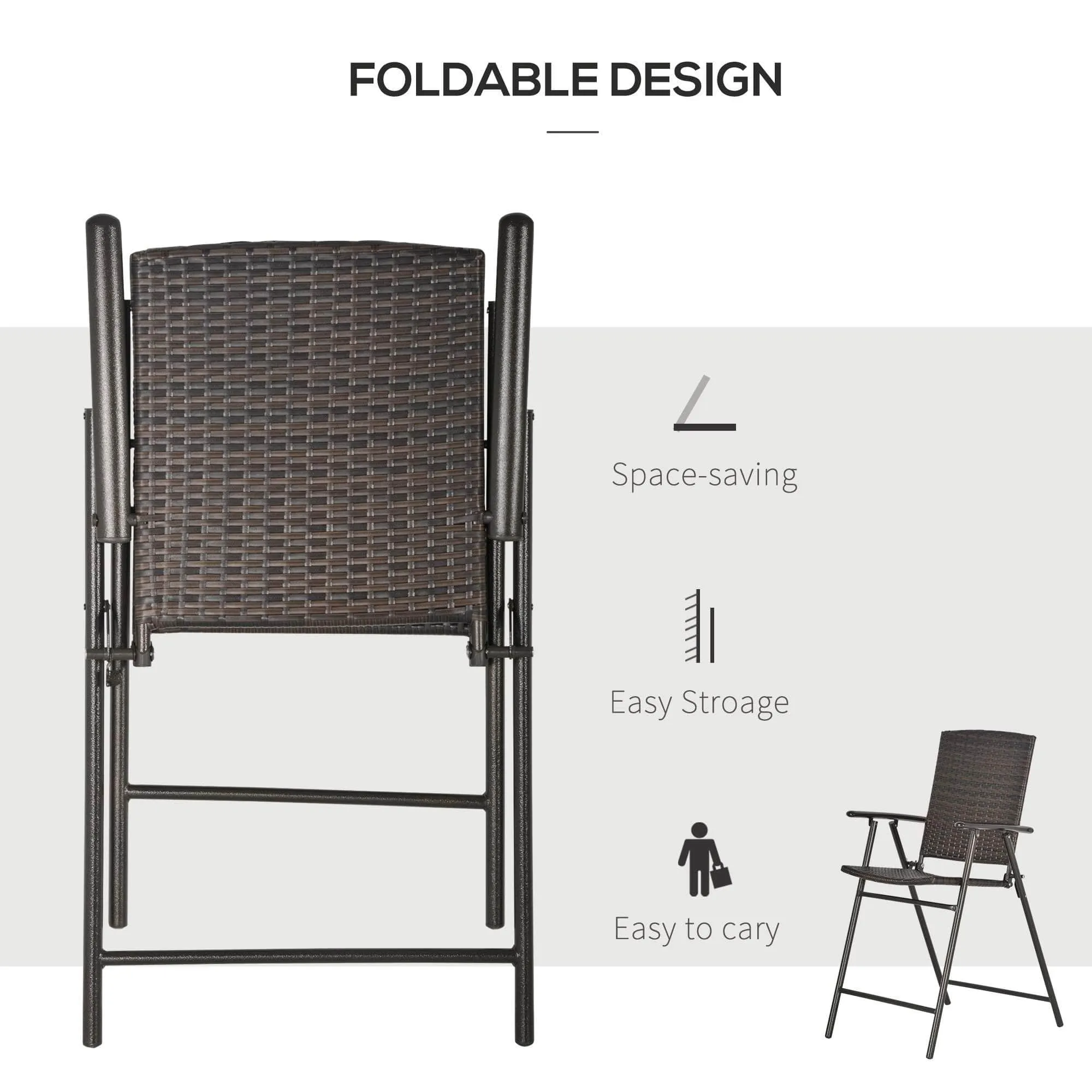 5 Piece Outdoor Patio Wicker Rattan Bar Height Square Glass Top Dining Table Set with Folding Chairs in Brown