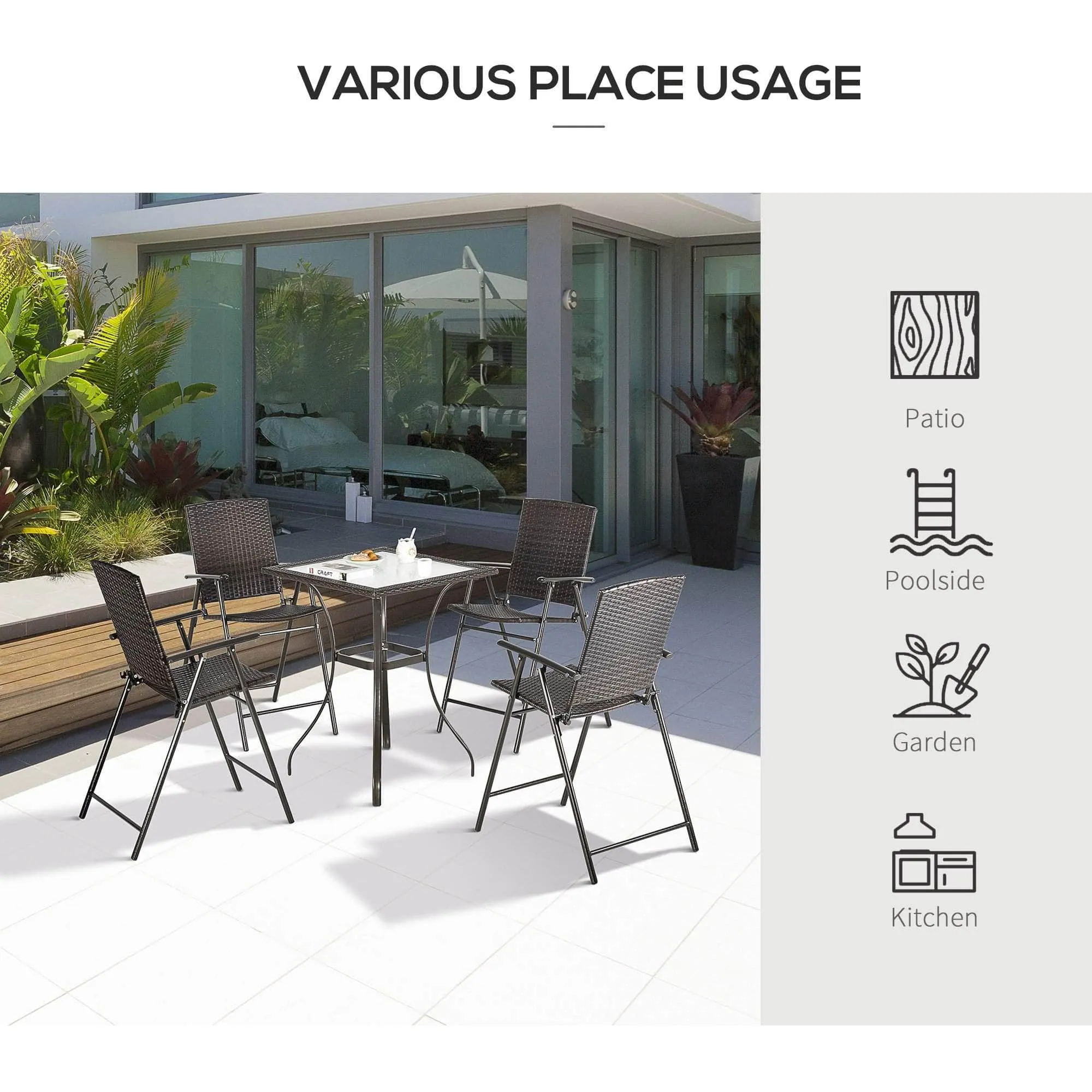 5 Piece Outdoor Patio Wicker Rattan Bar Height Square Glass Top Dining Table Set with Folding Chairs in Brown