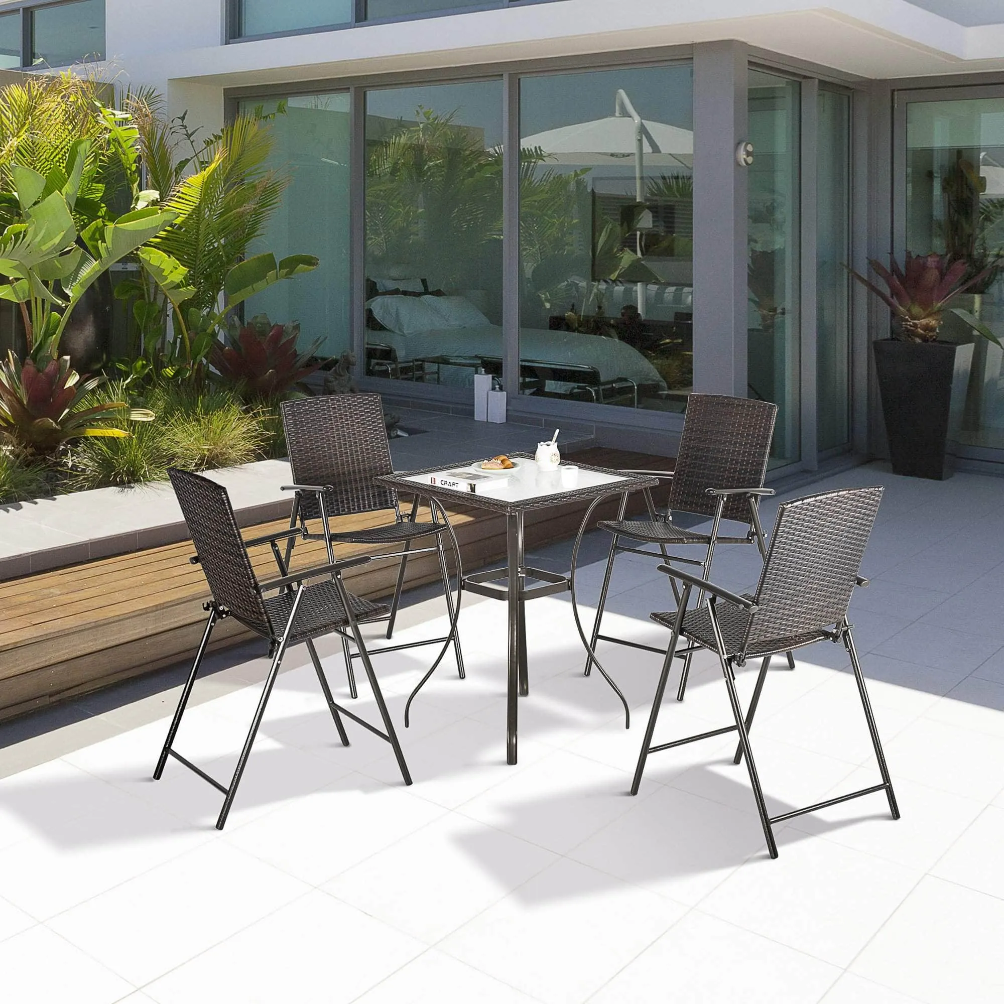 5 Piece Outdoor Patio Wicker Rattan Bar Height Square Glass Top Dining Table Set with Folding Chairs in Brown