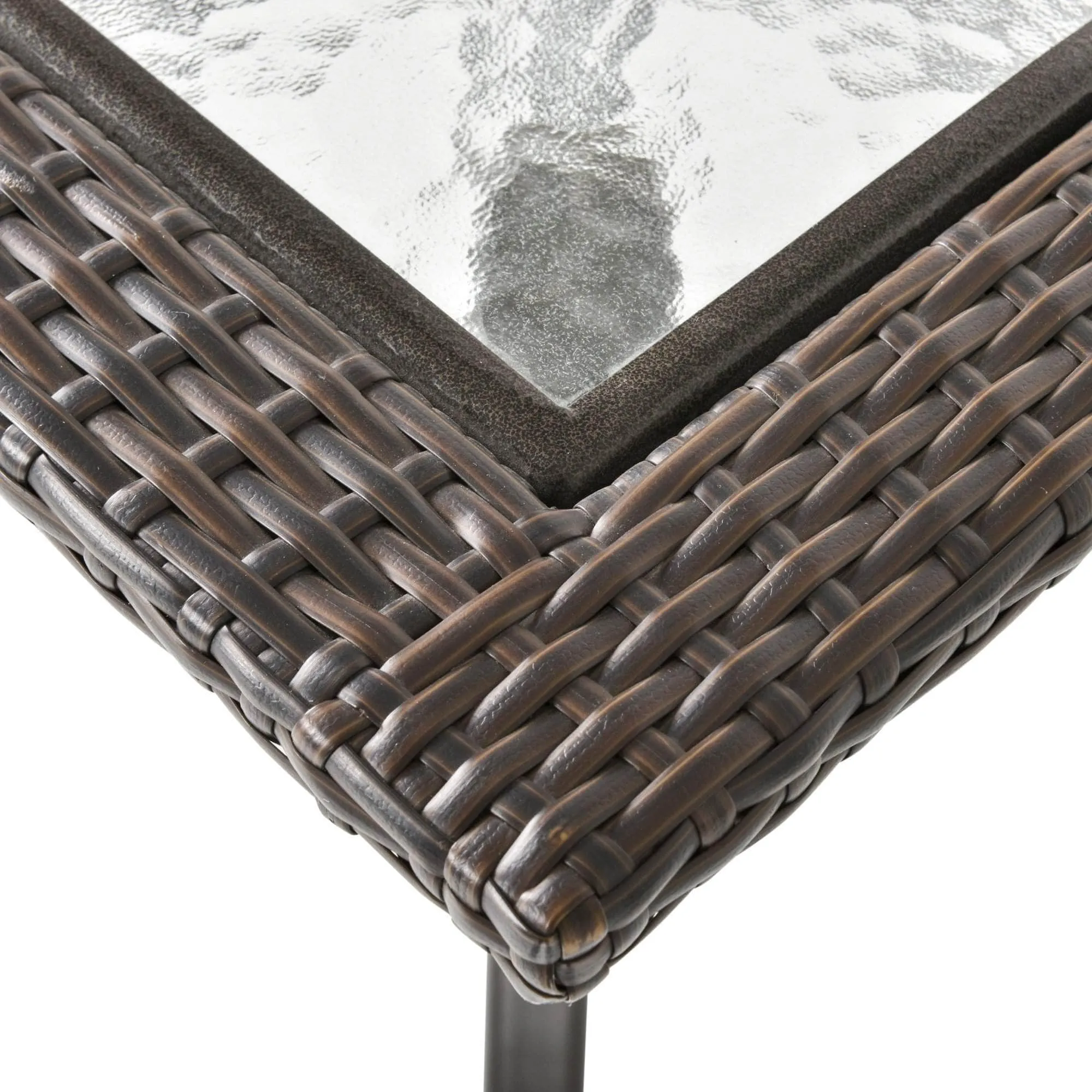 5 Piece Outdoor Patio Wicker Rattan Bar Height Square Glass Top Dining Table Set with Folding Chairs in Brown