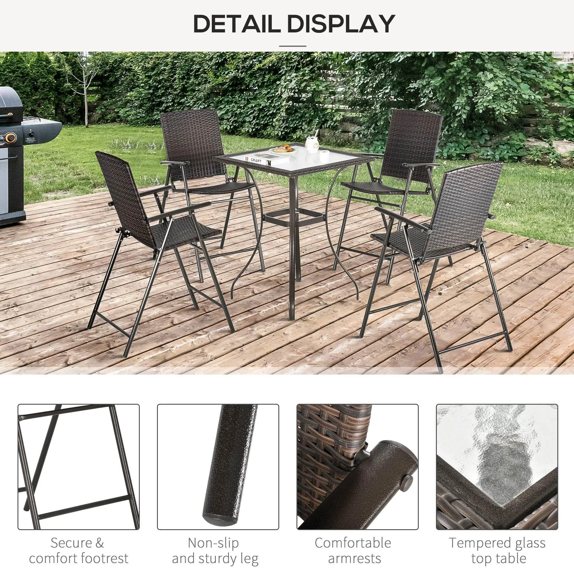 5 Piece Outdoor Patio Wicker Rattan Bar Height Square Glass Top Dining Table Set with Folding Chairs in Brown