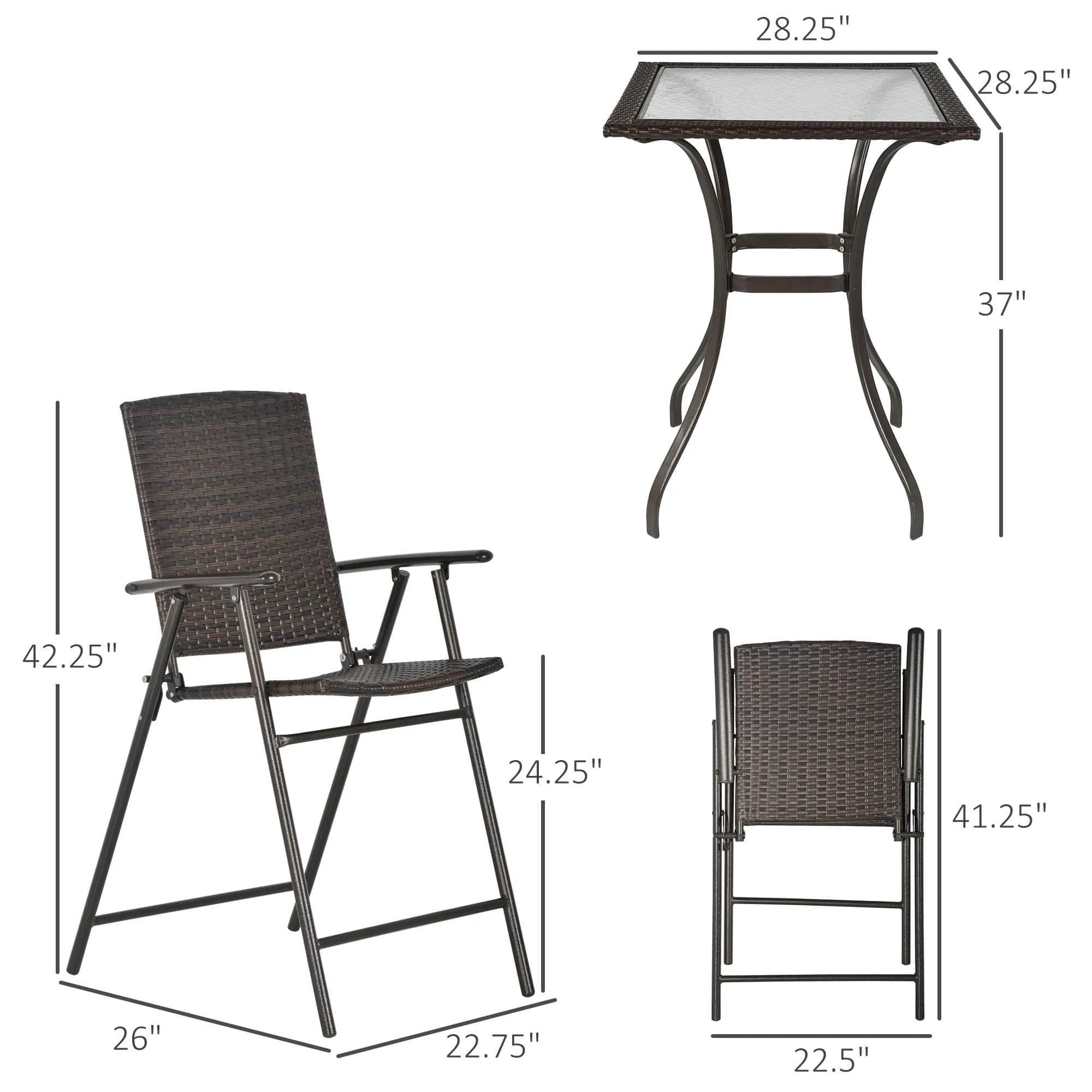 5 Piece Outdoor Patio Wicker Rattan Bar Height Square Glass Top Dining Table Set with Folding Chairs in Brown