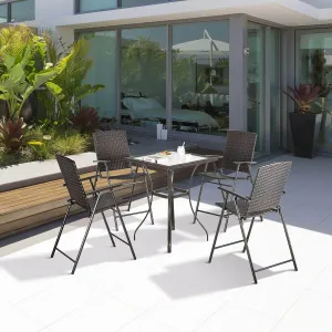 5 Piece Outdoor Patio Wicker Rattan Bar Height Square Glass Top Dining Table Set with Folding Chairs in Brown