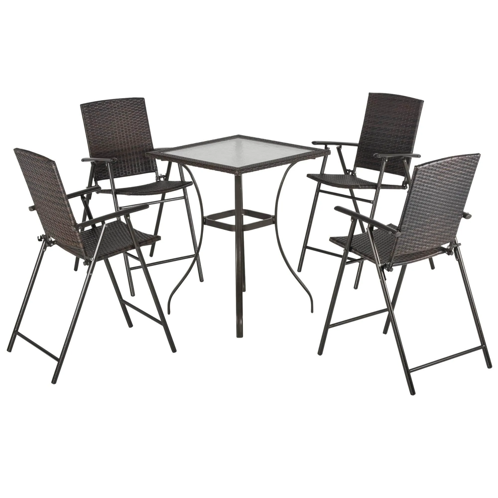5 Piece Outdoor Patio Wicker Rattan Bar Height Square Glass Top Dining Table Set with Folding Chairs in Brown