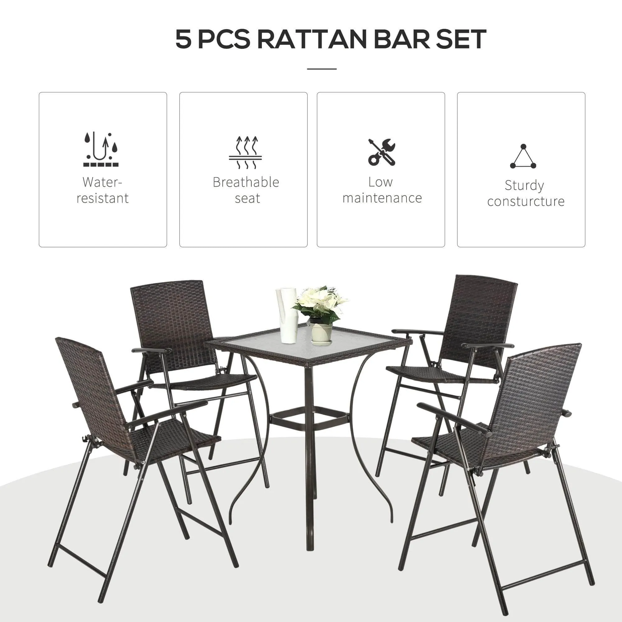 5 Piece Outdoor Patio Wicker Rattan Bar Height Square Glass Top Dining Table Set with Folding Chairs in Brown
