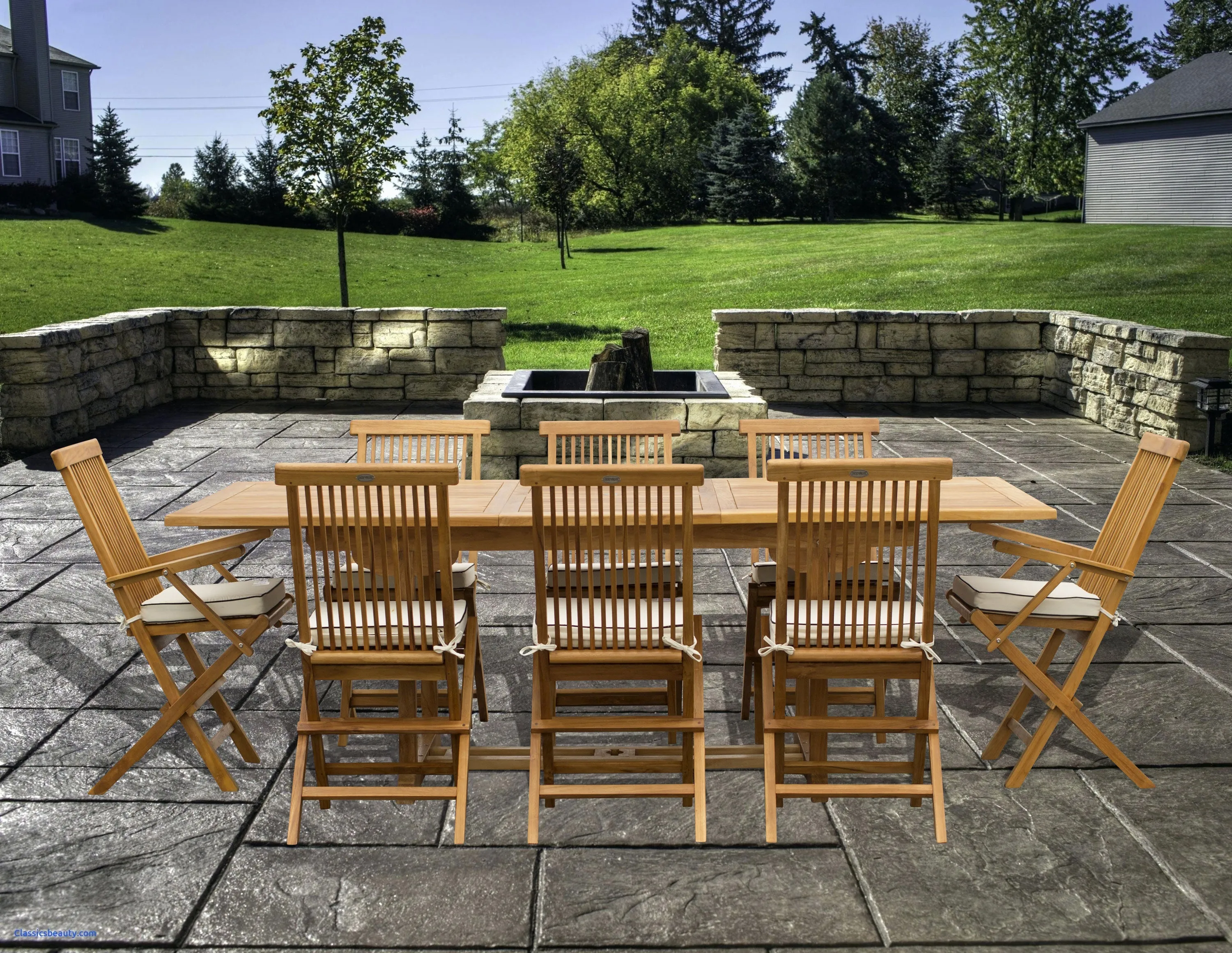 9 Piece Teak Wood Miami Patio Dining Set with Rectangular Extension Table, 2 Folding Arm Chairs and 6 Folding Side Chairs