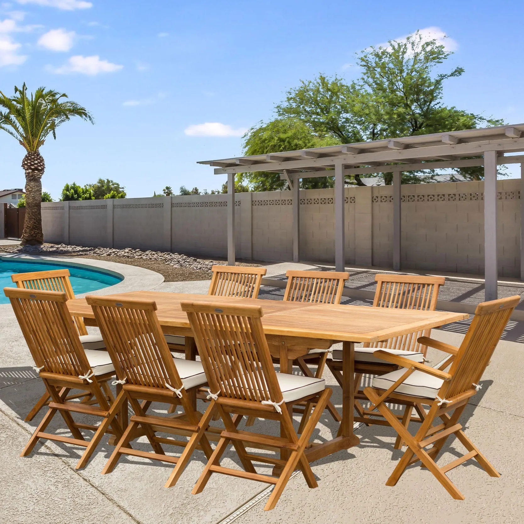 9 Piece Teak Wood Miami Patio Dining Set with Rectangular Extension Table, 2 Folding Arm Chairs and 6 Folding Side Chairs