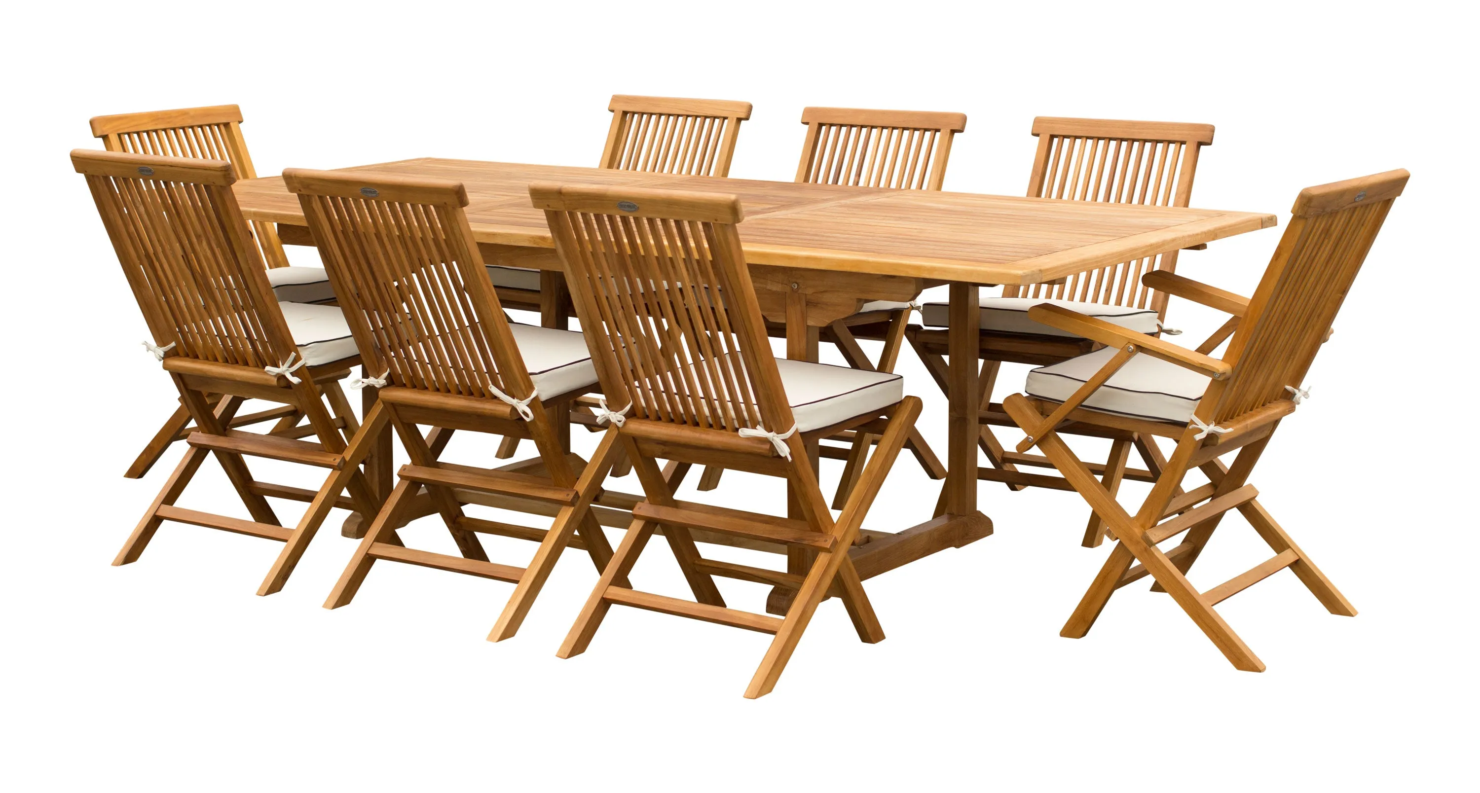 9 Piece Teak Wood Miami Patio Dining Set with Rectangular Extension Table, 2 Folding Arm Chairs and 6 Folding Side Chairs