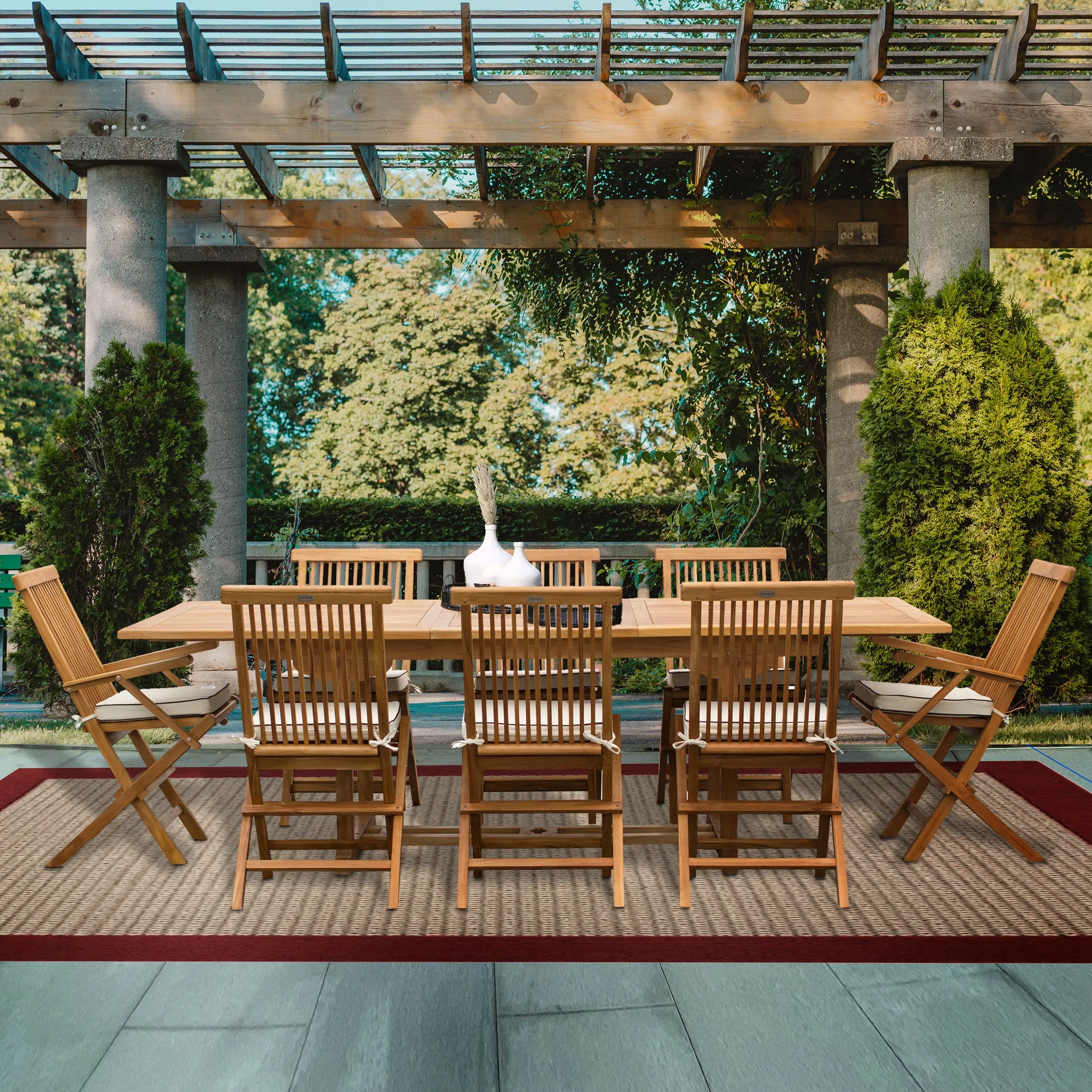 9 Piece Teak Wood Miami Patio Dining Set with Rectangular Extension Table, 2 Folding Arm Chairs and 6 Folding Side Chairs