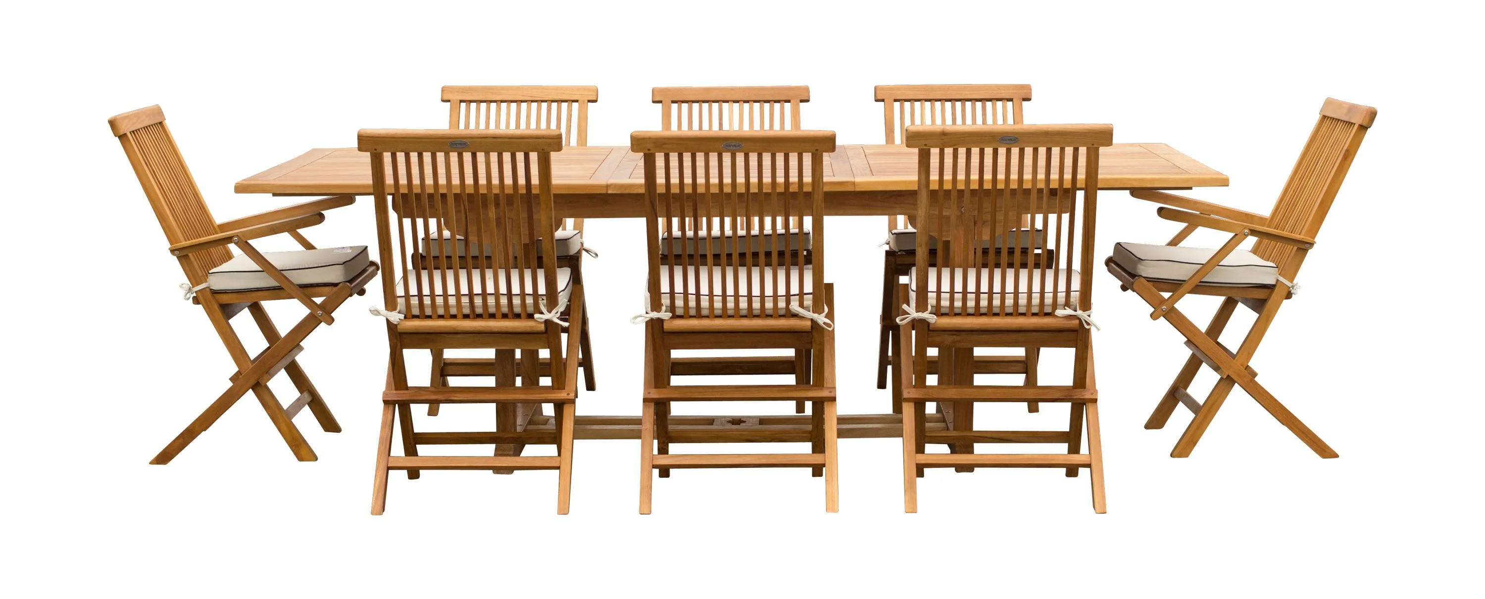 9 Piece Teak Wood Miami Patio Dining Set with Rectangular Extension Table, 2 Folding Arm Chairs and 6 Folding Side Chairs