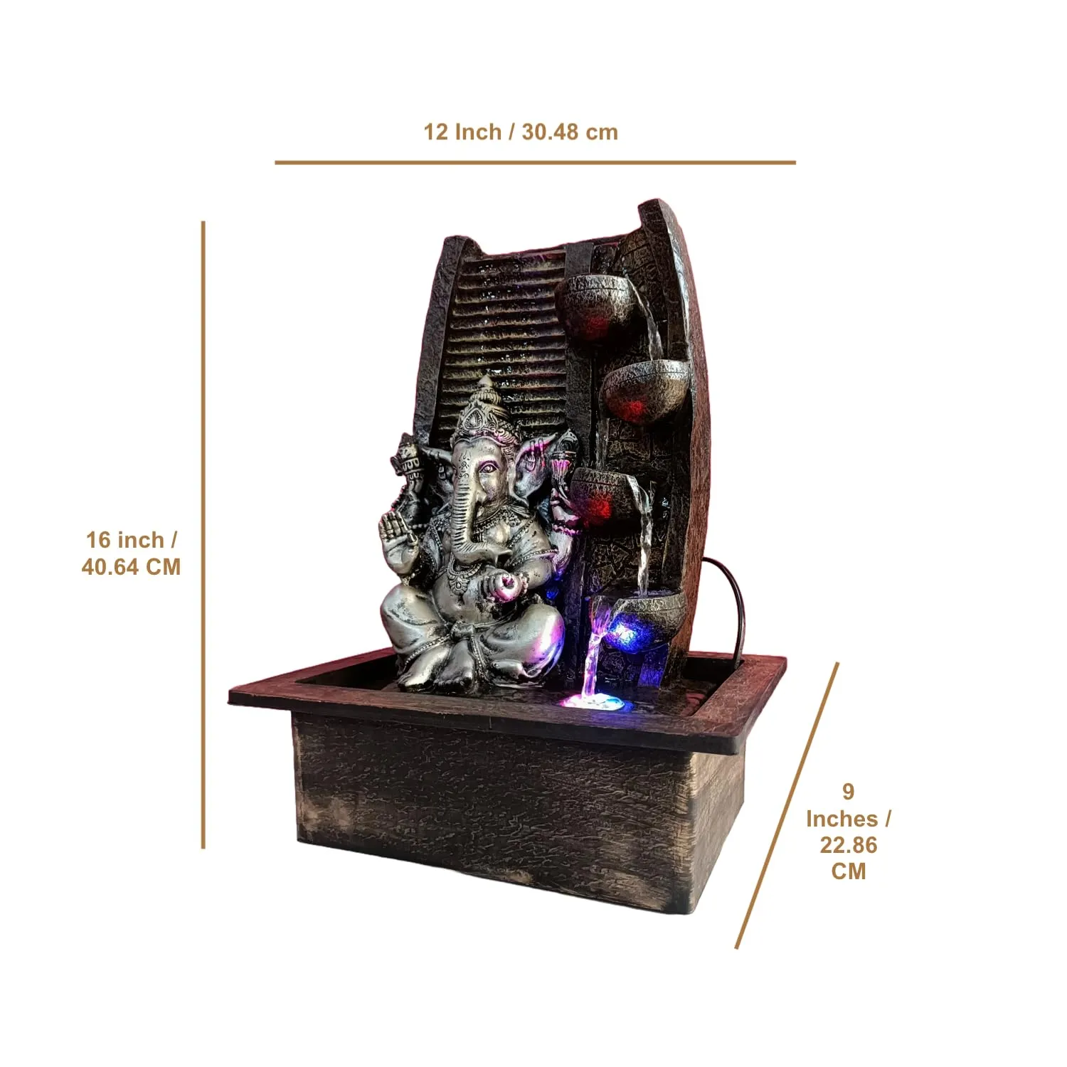 ALiLa Lord Ganesha Water Fall Fountain for Home Living Room Decor with Led Lights Table Top Indoor Outdoor Decoration Gifting Item, 16 Inches Height