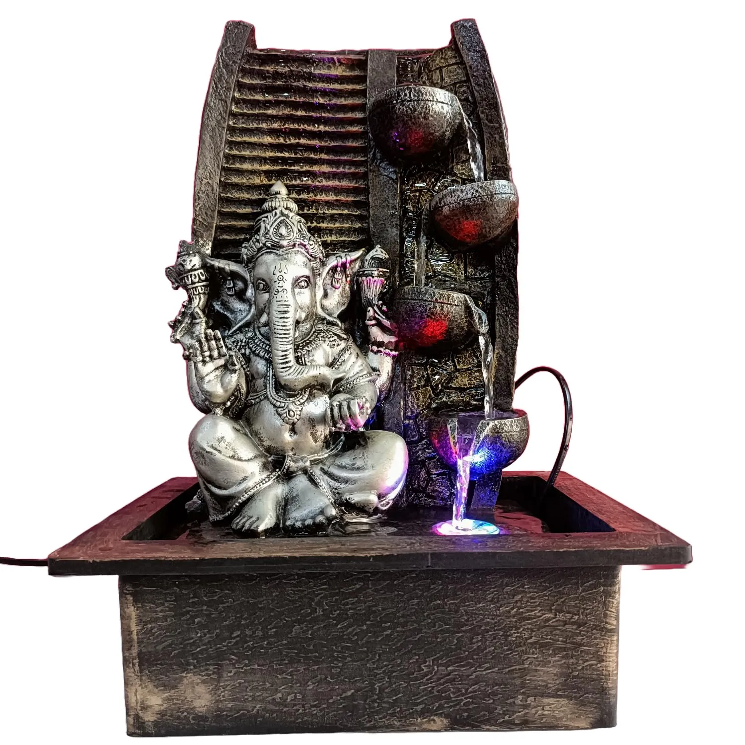 ALiLa Lord Ganesha Water Fall Fountain for Home Living Room Decor with Led Lights Table Top Indoor Outdoor Decoration Gifting Item, 16 Inches Height