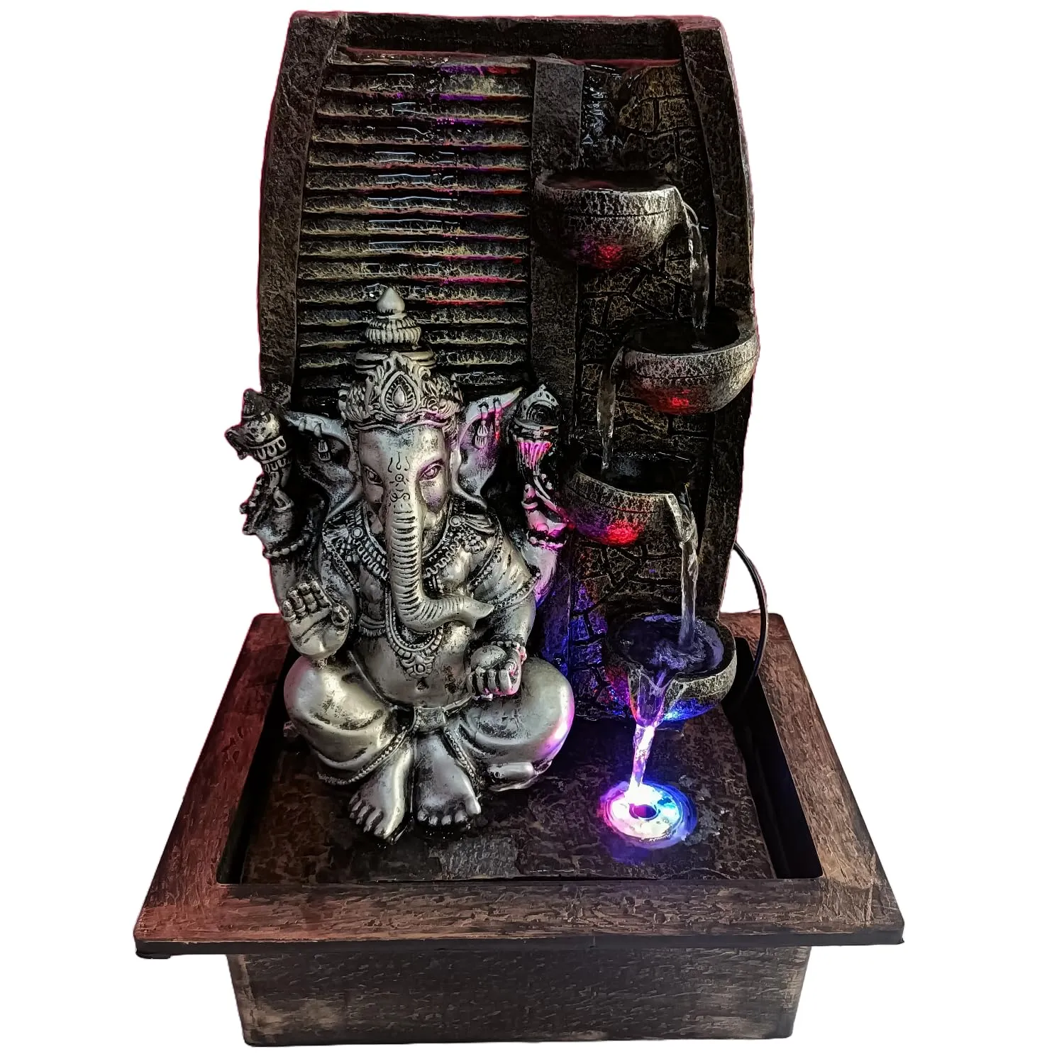 ALiLa Lord Ganesha Water Fall Fountain for Home Living Room Decor with Led Lights Table Top Indoor Outdoor Decoration Gifting Item, 16 Inches Height