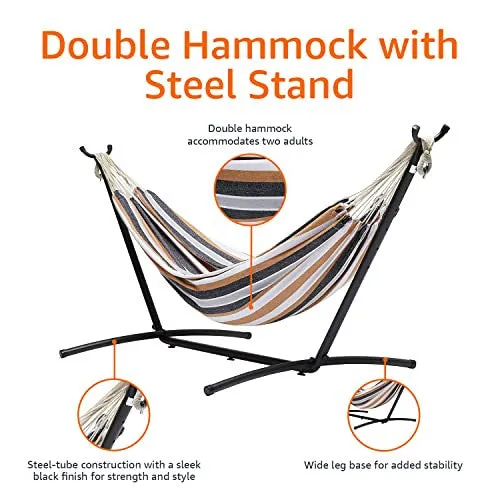 Amazon Basics Double Hammock with 9-Foot Space Saving Steel Stand and Carrying Case, Multi Color, 400 lb Capacity