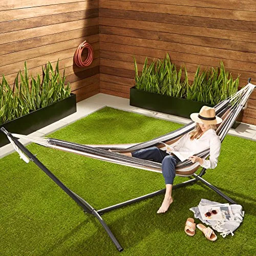 Amazon Basics Double Hammock with 9-Foot Space Saving Steel Stand and Carrying Case, Multi Color, 400 lb Capacity