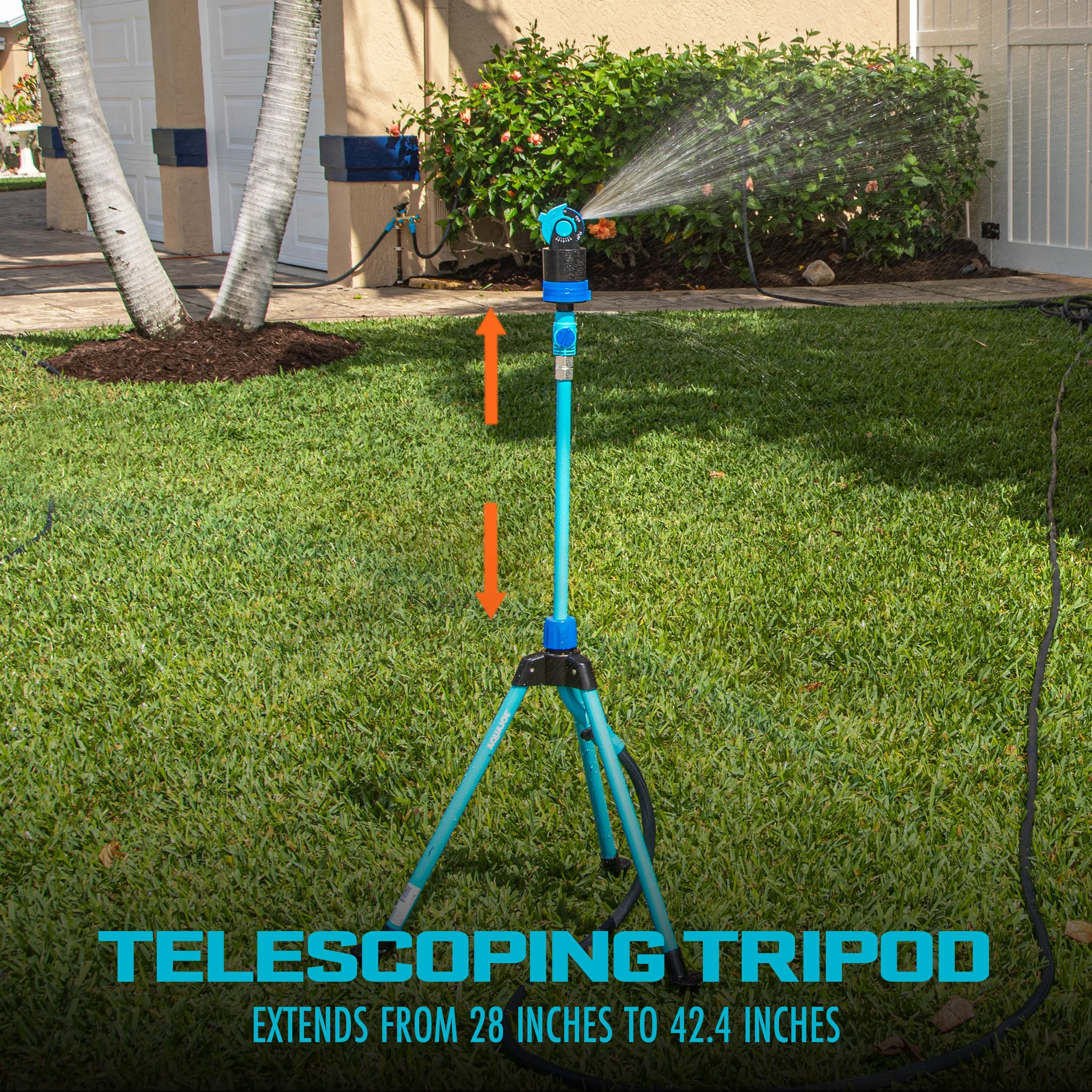 Aqua Joe AJ-6PSTB-MAX HD 360° Telescoping Sprinkler & Mister W/ Metal Tripod Base | 6 Patterns | 4,100 Sq. Ft. Coverage