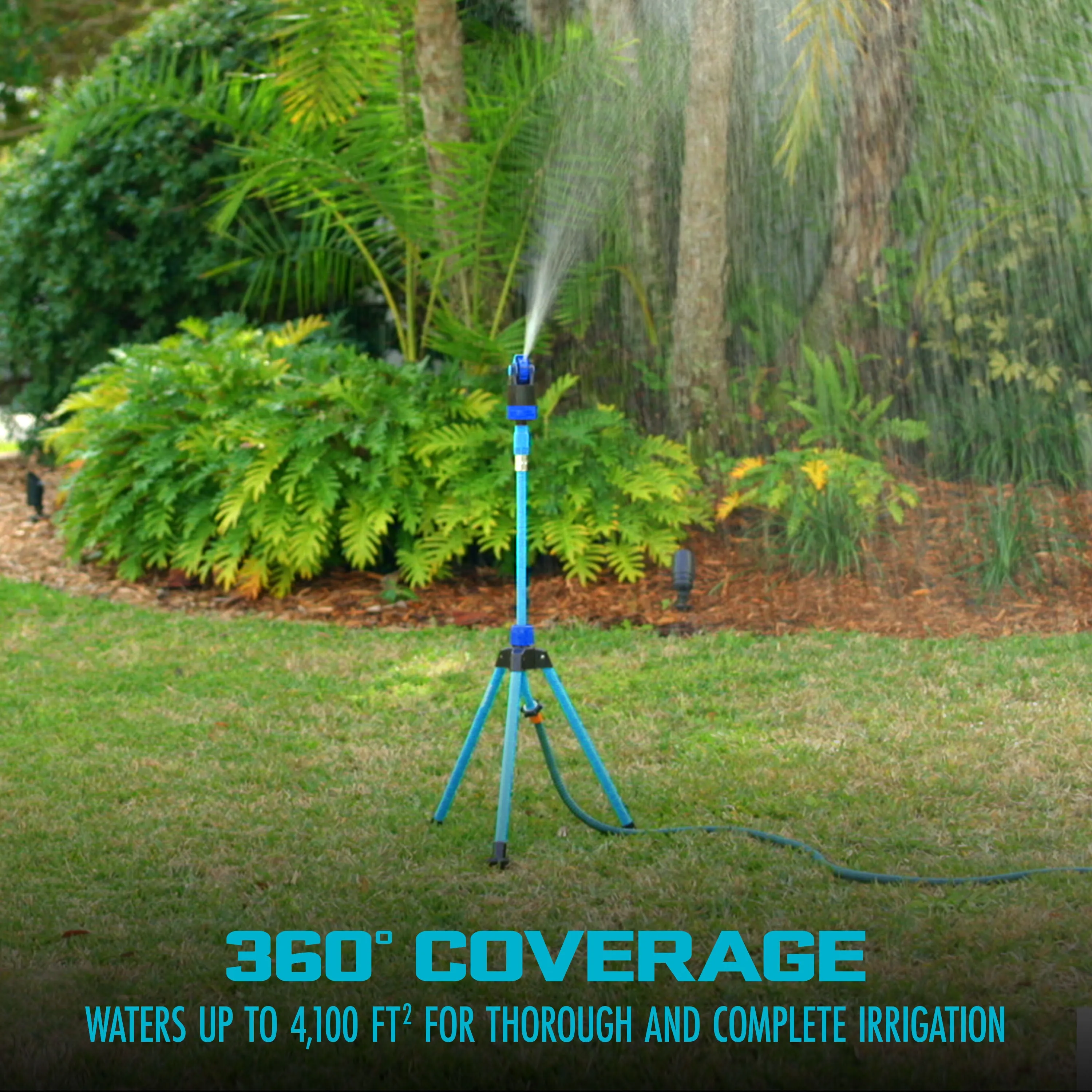 Aqua Joe AJ-6PSTB-MAX HD 360° Telescoping Sprinkler & Mister W/ Metal Tripod Base | 6 Patterns | 4,100 Sq. Ft. Coverage