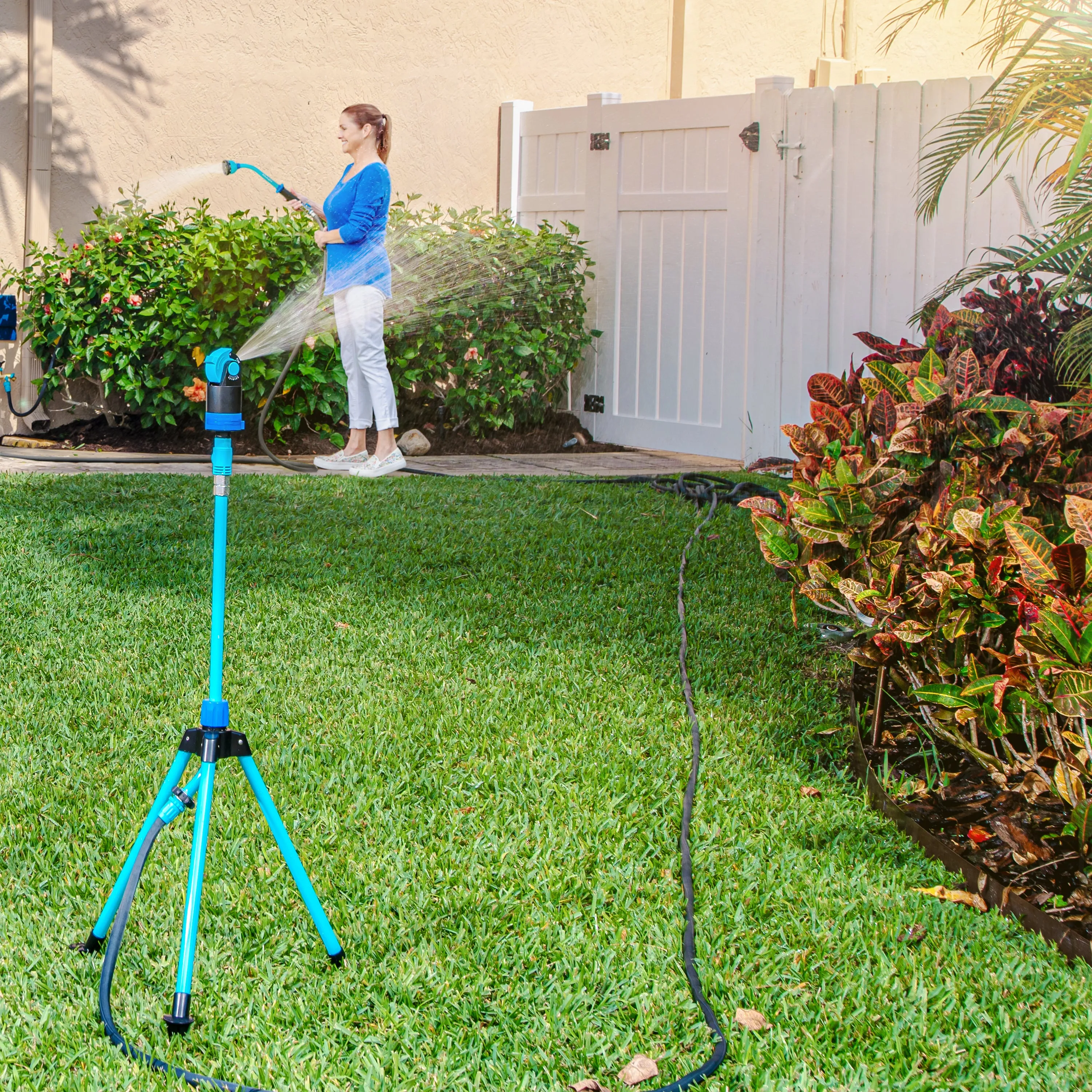 Aqua Joe AJ-6PSTB-MAX HD 360° Telescoping Sprinkler & Mister W/ Metal Tripod Base | 6 Patterns | 4,100 Sq. Ft. Coverage