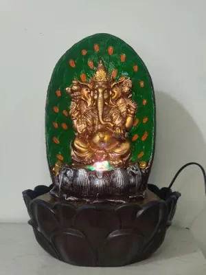 ATIVAN DÉCOR Designer Polyresin Tabletop | Interior Home Decor | Lord Ganesha Peackock Pattern | Waterfall Fountain with Yellow LED Light and Water Flow Control Pump