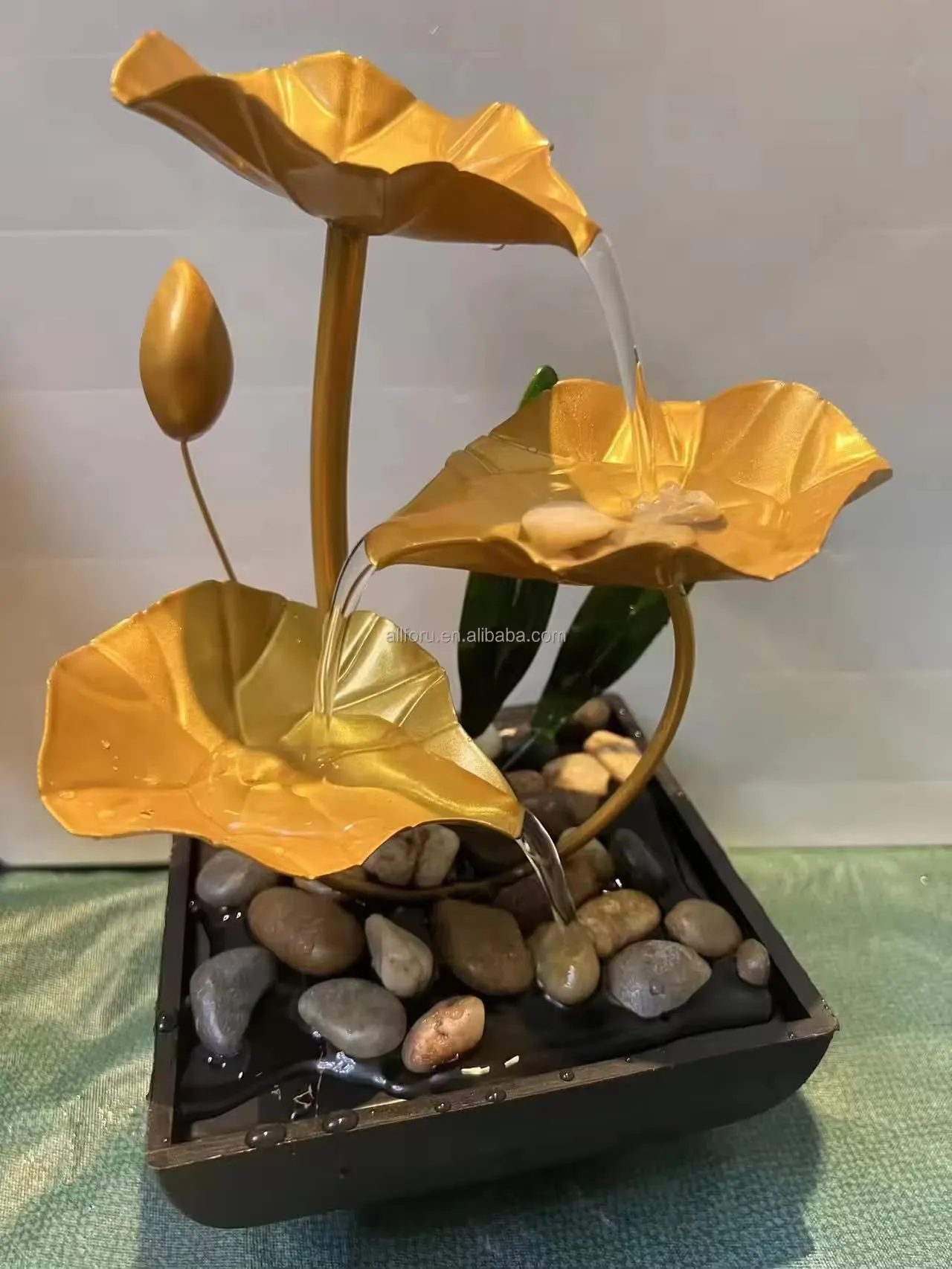 BIYALI Tabletop Water Fountains for Home Office Décor – Desktop Waterfall Leaf Fountains Deep Basin Natural River Rocks Indoor Zen Relaxation Sound Bedroom, Livingroom (Pack of 1, Metal Golden)