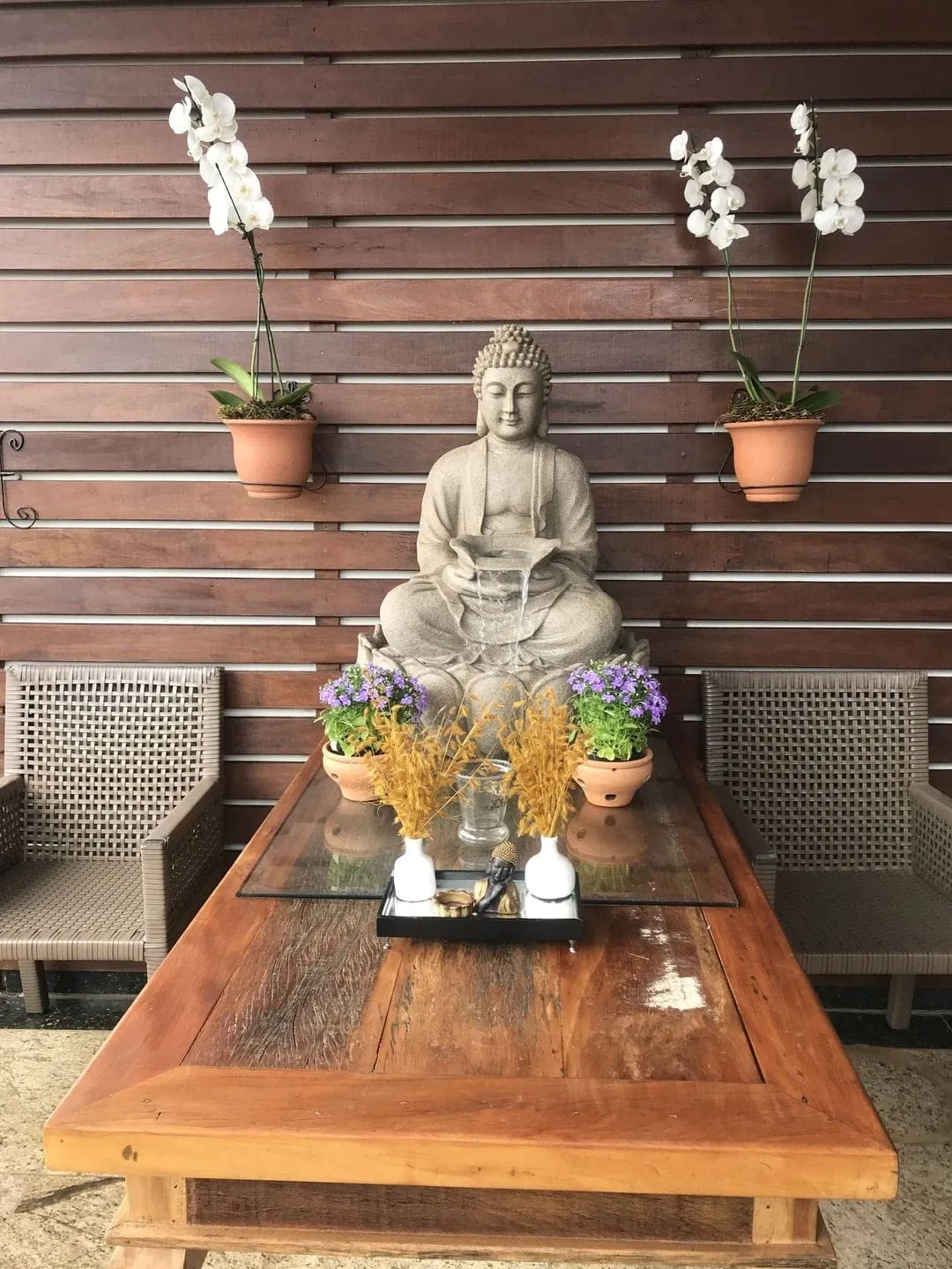 Buddha Tabletop Waterfall Fountain Fengshui Meditation Relaxing Indoor Decoration, Waterfall Pump with Water Flow for Home, Office, Bedroom Decoration(4 feet) Biege