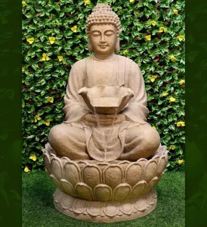 Buddha Tabletop Waterfall Fountain Fengshui Meditation Relaxing Indoor Decoration, Waterfall Pump with Water Flow for Home, Office, Bedroom Decoration(4 feet) Biege