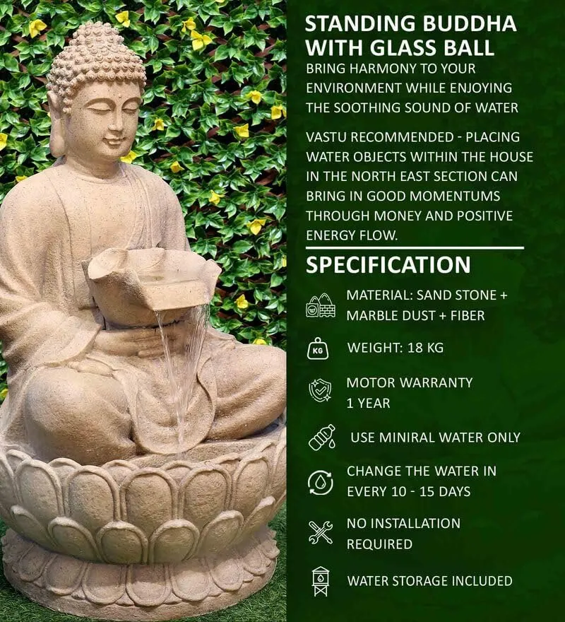 Buddha Tabletop Waterfall Fountain Fengshui Meditation Relaxing Indoor Decoration, Waterfall Pump with Water Flow for Home, Office, Bedroom Decoration(4 feet) Biege