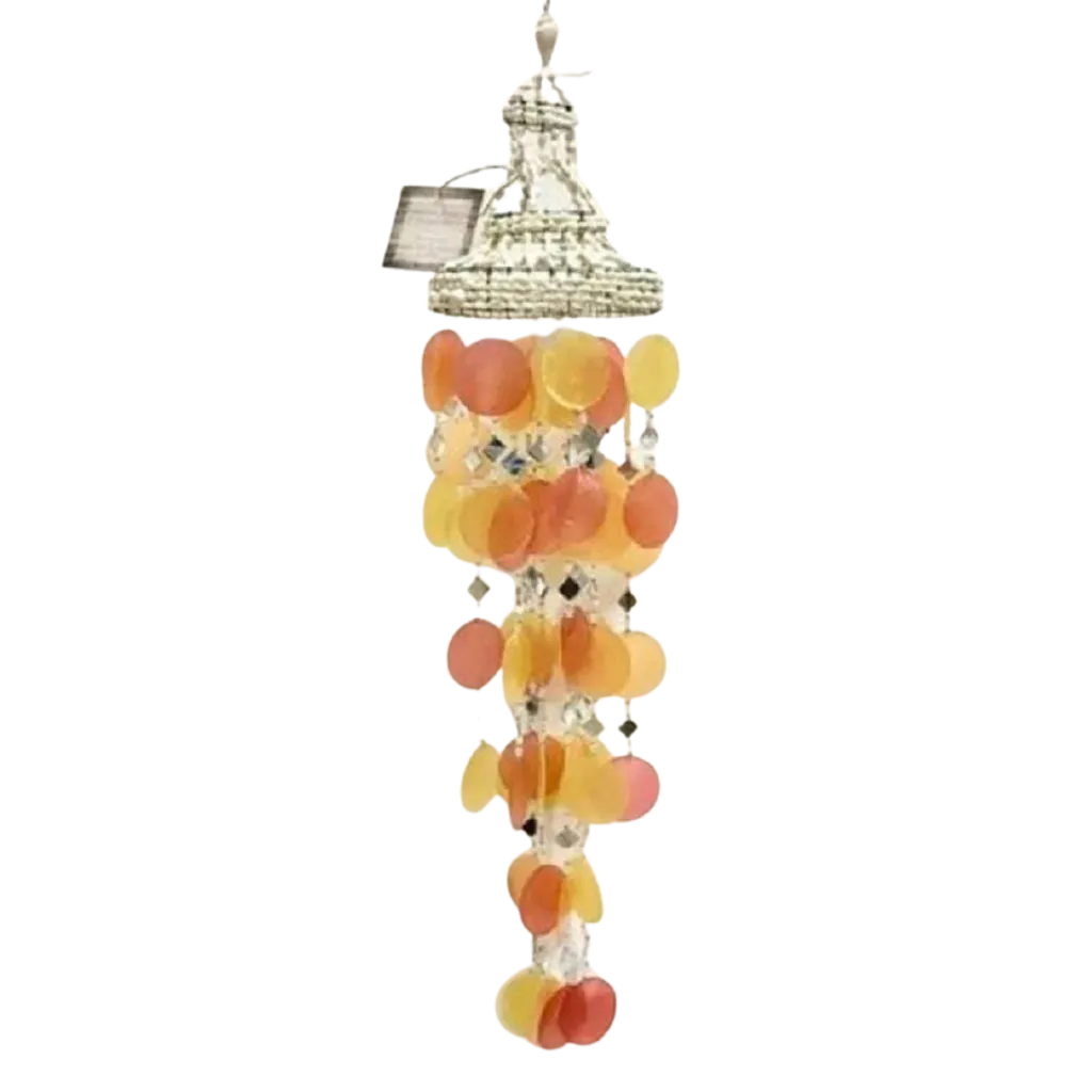 Capiz Shell, Mirror and Bead Mobile Wind Chime 28 Inches Sunset