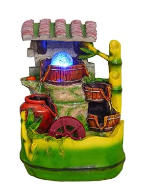 CHRONIKLE Polyresin Adorable Table Top Indoor 3 Designer Steps Waterfall Fountain for Home Decor with Multicolor LED, Speed Controller Pump & Crystal Ball (Size: 33 x 23.5 x 19.5CM | Color: Multi)