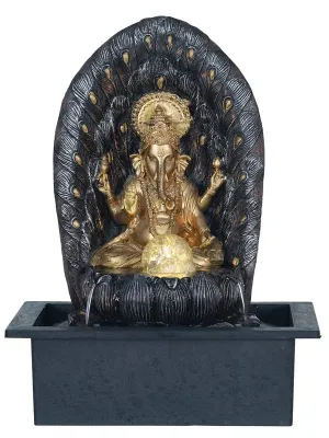 CHRONIKLE Polyresin Table Top Ganesha Indoor Home Decor Waterfall Fountain Yellow LED Lights, Speed Controller Pump & Rotating Ball (Size: 38 x 29.5 x 22CM | Color: Golden Brown | Weight: 2105 Gram)