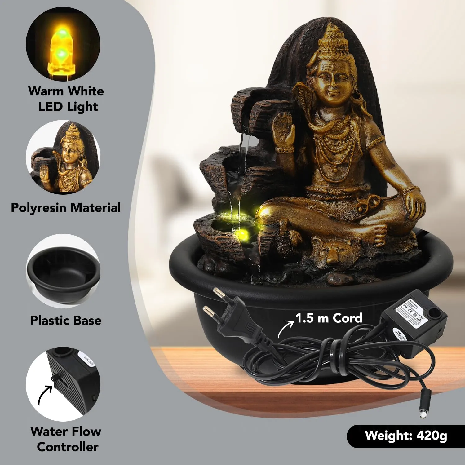 Ekhasa Shiva Water Fountains for Home Decor | Cascade Waterfall Fountain Indoor for Living Room, Balcony & Garden Outdoor | Small Mini Fountain Water Falls Showpiece Table Top Home Decoration Items