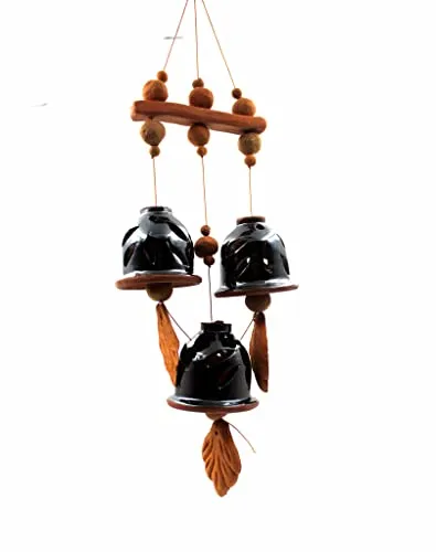 ESVAR STONECRAFT Present A Terracotta Ceramic Coated Black Wind Chimes with (Three Bells) of Straight Design Handmade Craft with Melodious Sound Bells. ( Size :- 36 cm Long )