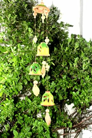 ESVAR STONECRAFT Present A Terracotta Ceramic Coated Green Wind Chimes with (Three Bells) of Cap Design Handmade Craft with Melodious Sound Bells. ( Size :- 36 cm Long )