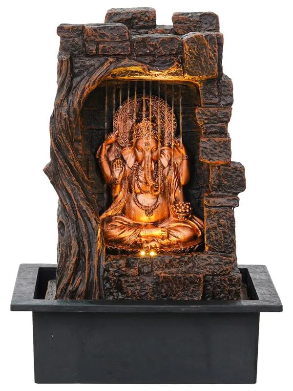 Firstly Ganesha Polystone Curtain Style Indoor Table Top Water Fountain with LED Lights and Water Pump (Brown,Golden, 42cm X 31cm X 23cm)